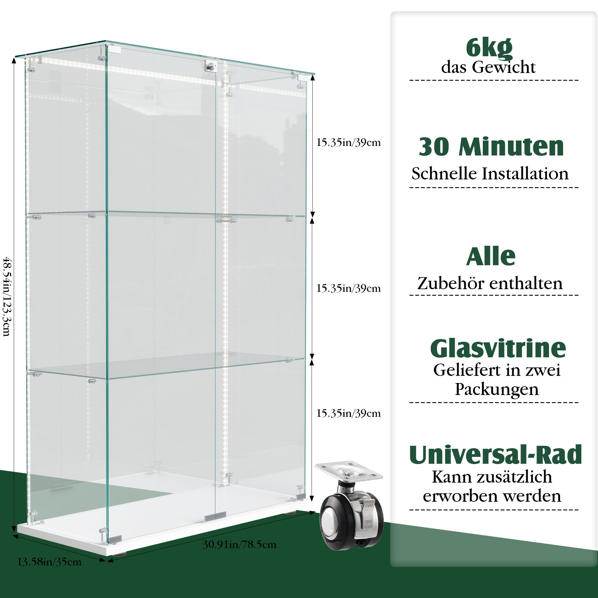 Simurq Glasvitrine Standvitrinen mit LED Beleuchtung Vitrinenschrank mit Glastür (glas vitrine mit 2 Glastür und 3 Lagen,Schloss,Kippsicherung) Sammlervitrine aus gehärtetes Glas,Modernes rahmenloses Design