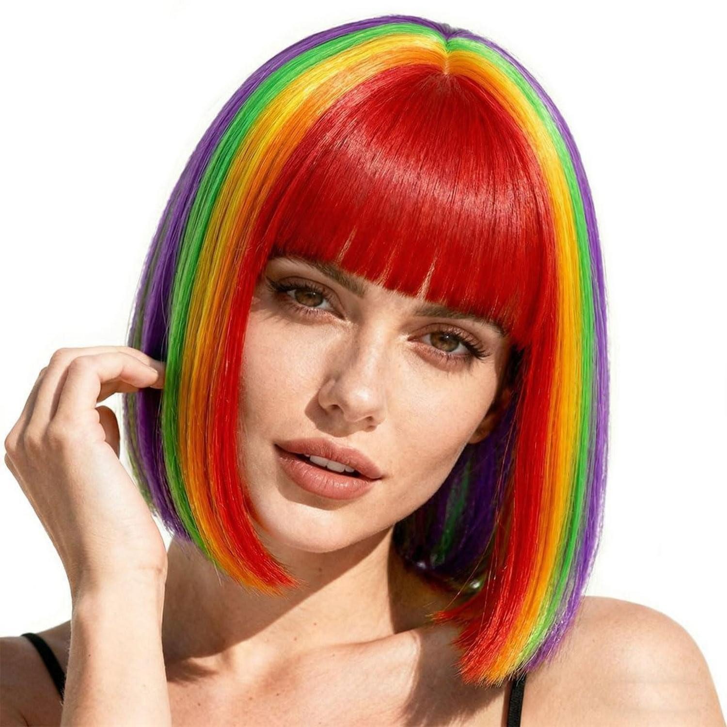 Kostüm-Perücke Perücke Bob Regenbogen Pony Synthetikhaar Damen 28 cm Regenbogen