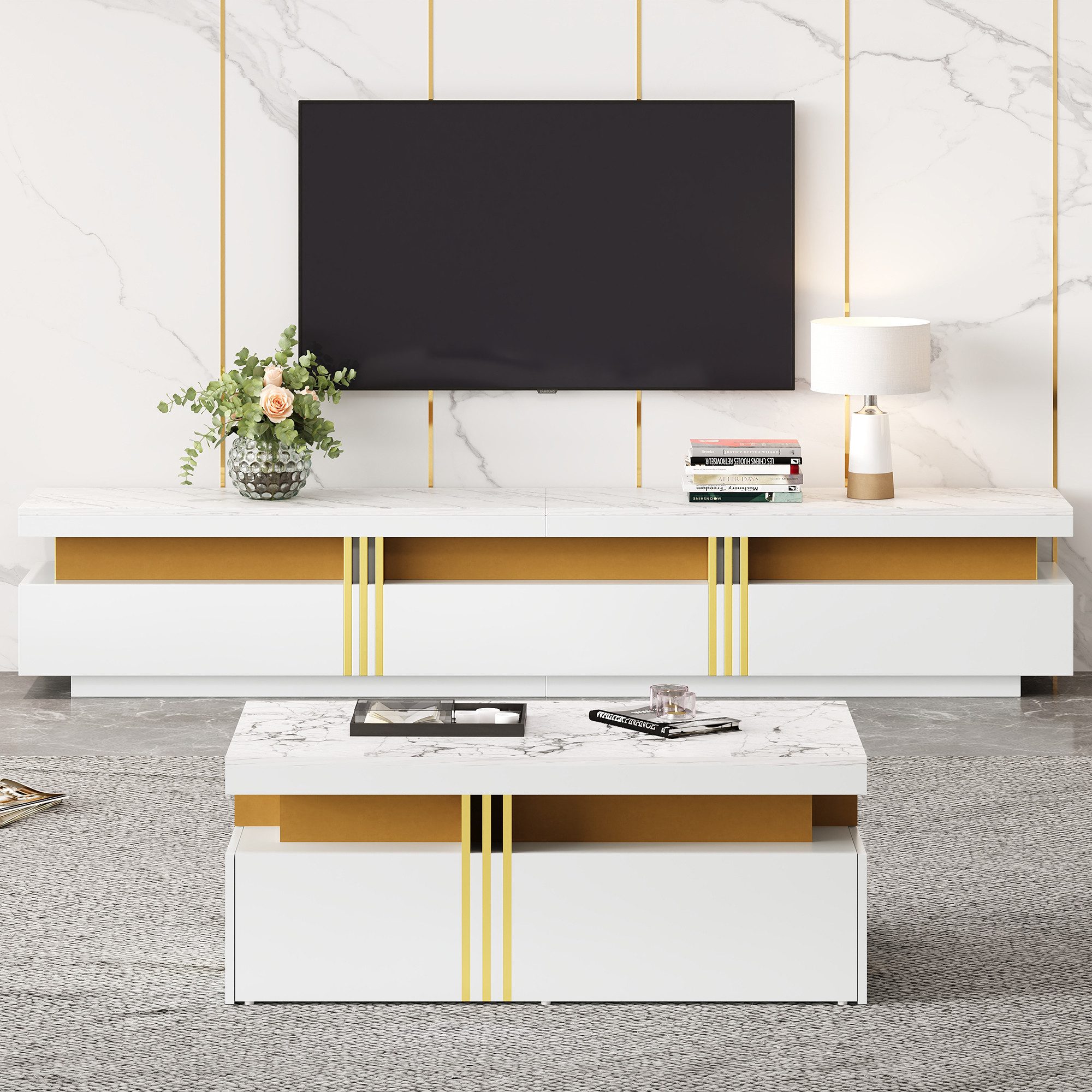 STILVORA Wohnzimmer-Set mit Lowboard&Couchtisch,Möbelset Wohnzimmerset aus Spanplatte,Weiß, (Wohnwand, TV-Wandkombination, Wohnzimmer-Wandkombination, 2-St., 100*50*40 cm+200*40*42 cm), mit Marmormuster und goldene Dekoration