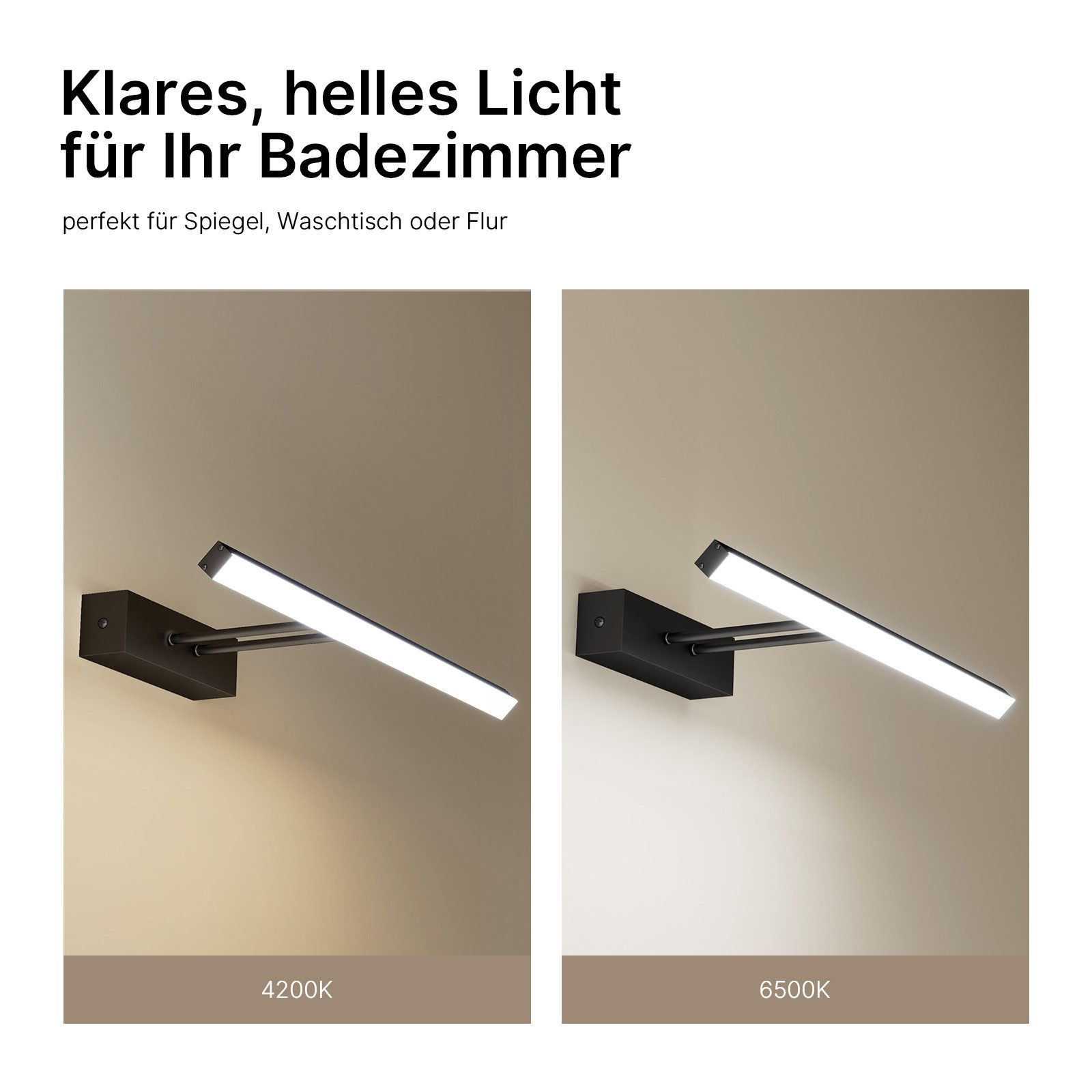 EMKE LED Spiegelleuchte Wandleuchte 40cm drehbar Badezimmer, LED fest integriert, Neutralweiß, Kaltweiß, IP44 Wasserdihct 4200K/6500K Kaltweiß Neutralweiß Licht – Bild 3 von 5