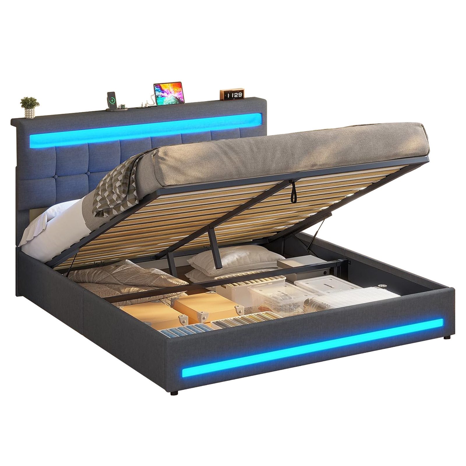 MSMASK Polsterbett Jugendbett mit LED Beleuchtung und Ladestation, Hydraulisches Bett (Ohne Matratze), mit Höhenverstellbares Kopfteil und Stauraum