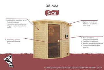 Karibu Sauna "Leona" mit Energiespartür Ofen 9 kW integr. Strg, BxTxH: 231 x 231 x 198 cm, 38 mm, aus hochwertiger nordischer Fichte