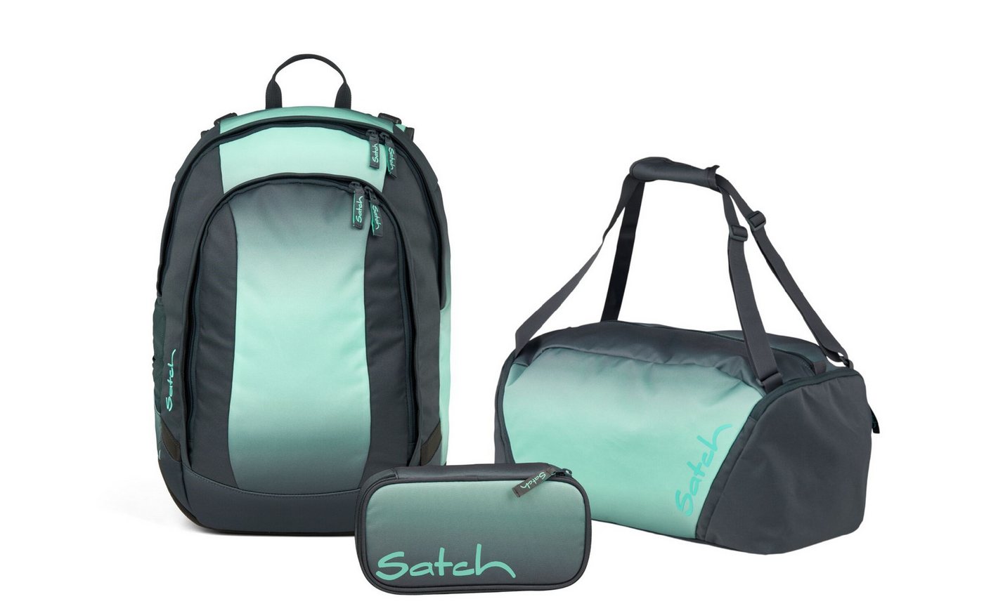 Satch Schulranzen Schulrucksack-Set AIR Gradient Mint 3-teilig (33-teilig), Schulranzen, ergonomisch, Laptop-Fach, Your-Size-System
