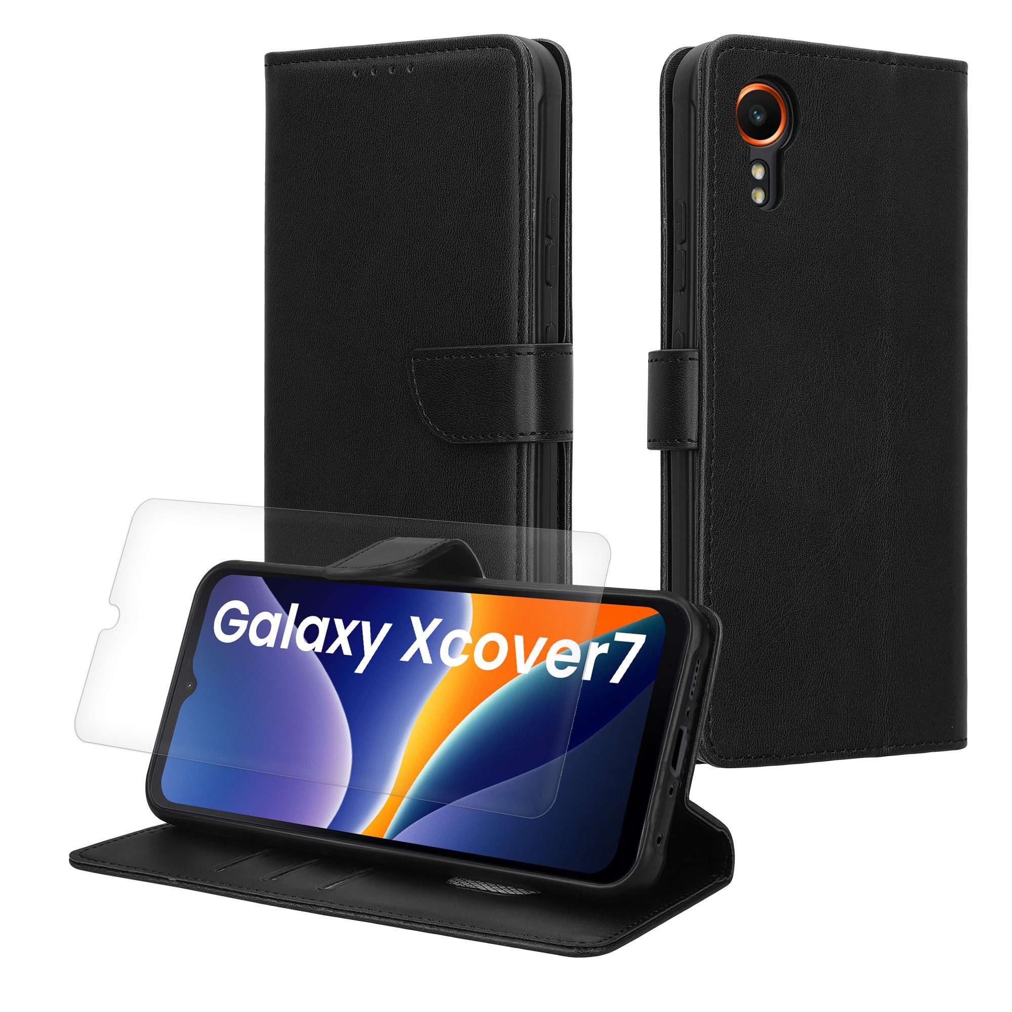 kwmobile Smartphone-Hülle Kunstleder Handyhülle für Samsung Galaxy Xcover7 Hülle, Brieftaschen Schutzhülle aus PU-Leder mit Displayschutz