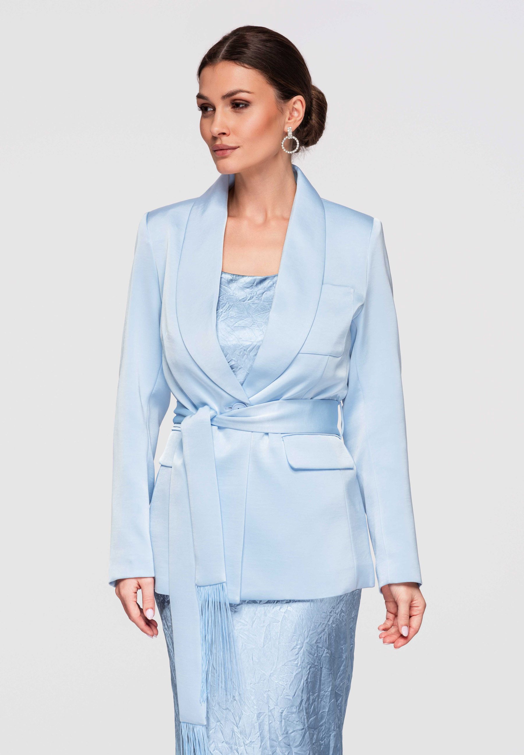 OMBRE Longblazer Damen Blazer Schalkragen Fransen Tailliert Hellblau L (kein Set, 1-tlg) Taillierter Schnitt mit Schalkragen und Fransen