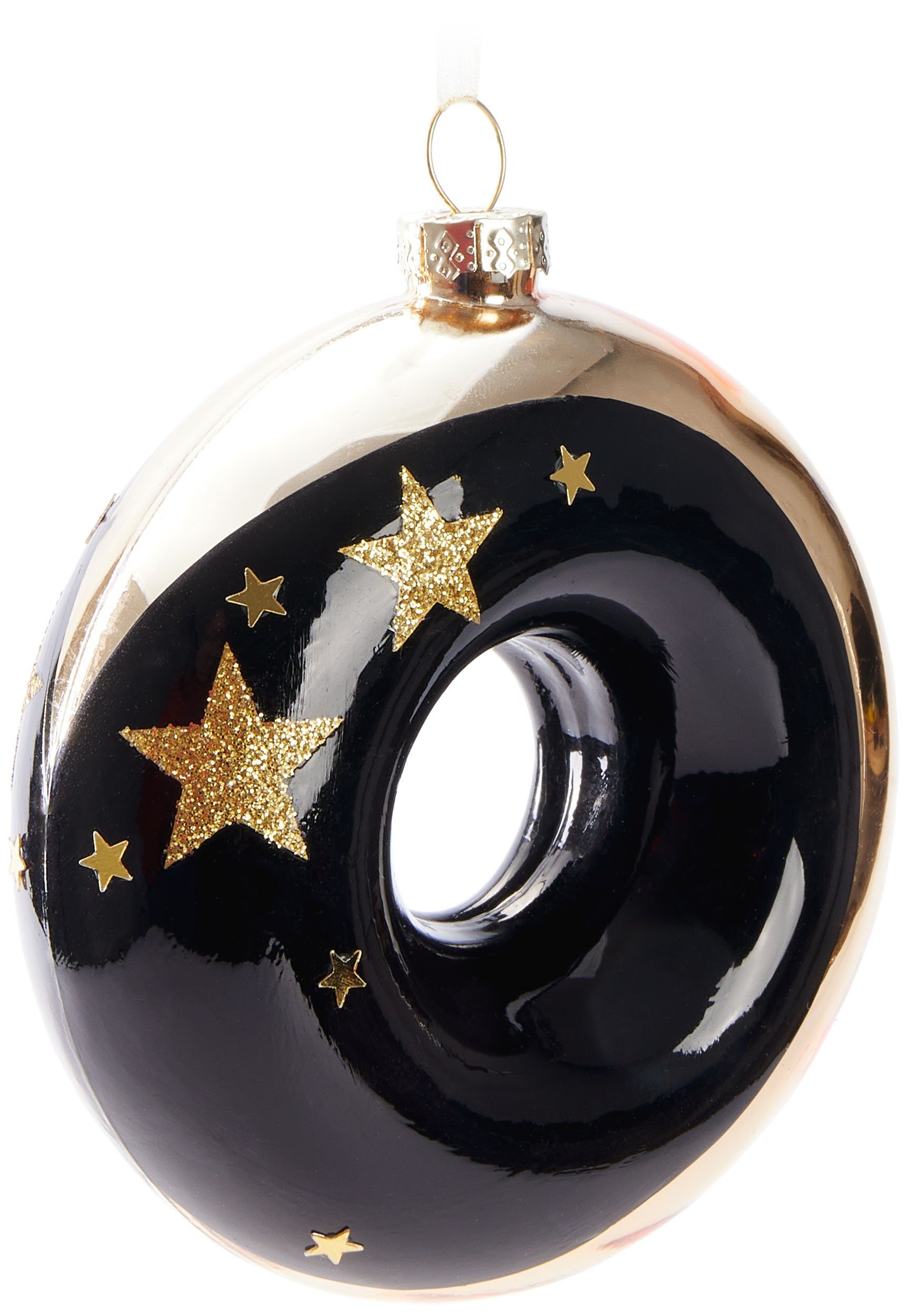 BRUBAKER Weihnachtsbaumkugel Premium (1 Handbemalt St), Luxus cm Baumkugel Schwarz Christbaumkugel und Weiß Donut Muster - - Glas Weihnachtskugel aus 10 - Gold