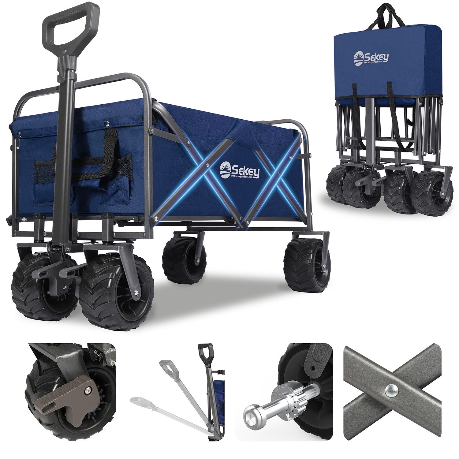 Sekey Bollerwagen Faltbarer Bollerwagen mit PU-Reifen, Teleskopstange & 200kg Tragkraft, Faltbar Transportkarre mit 10 cm breiten Reifen – ideal für den Strand
