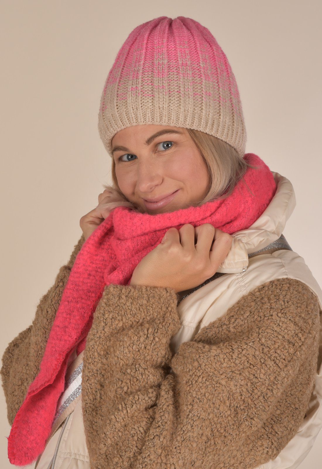 (1-St) Farbverlauf Thermo-Fleece Strickmütze styleBREAKER Grau-Rose mit Strickmütze