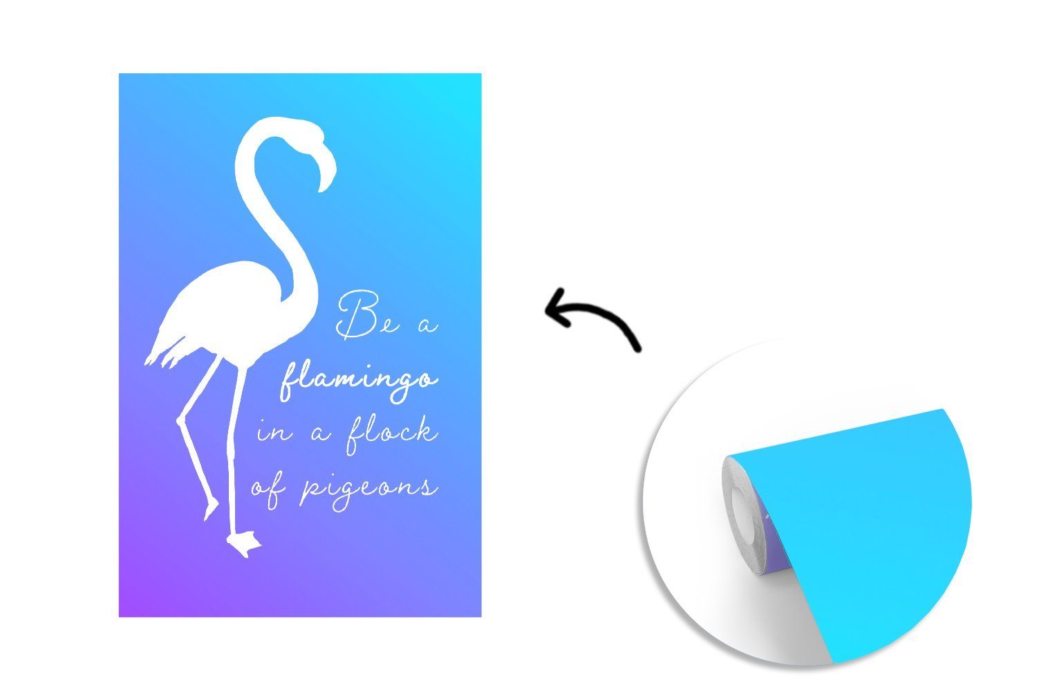 Flamingo, Fototapete Montagefertig für MuchoWow - Weiß Tapete Wandtapete Wohnzimmer, Vinyl - St), Blau bedruckt, (3 Matt,