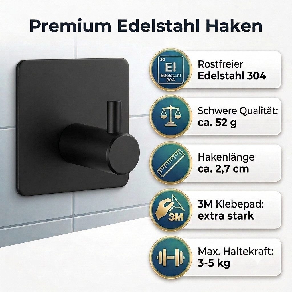 TECBULL Handtuchhaken Klebehaken aus Edelstahl, Wandhaken selbstklebend, V1, Küche, Bad, Flur, Ankleide, Waschküche, Gästezimmer, WC, Badezimmer, Schlafzimmer, etc, (5-St), rostfrei durch hochwertiges Edelstahl