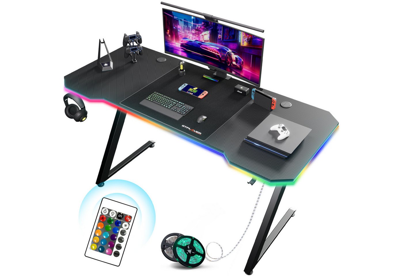 GTPLAYER Gamingtisch 120×60 Gaming Tisch mit Mauspad PC Tisch Kohlefaseroberfläche, Stabiler Computertisch mit Kopfhörerhaken, Schwarz