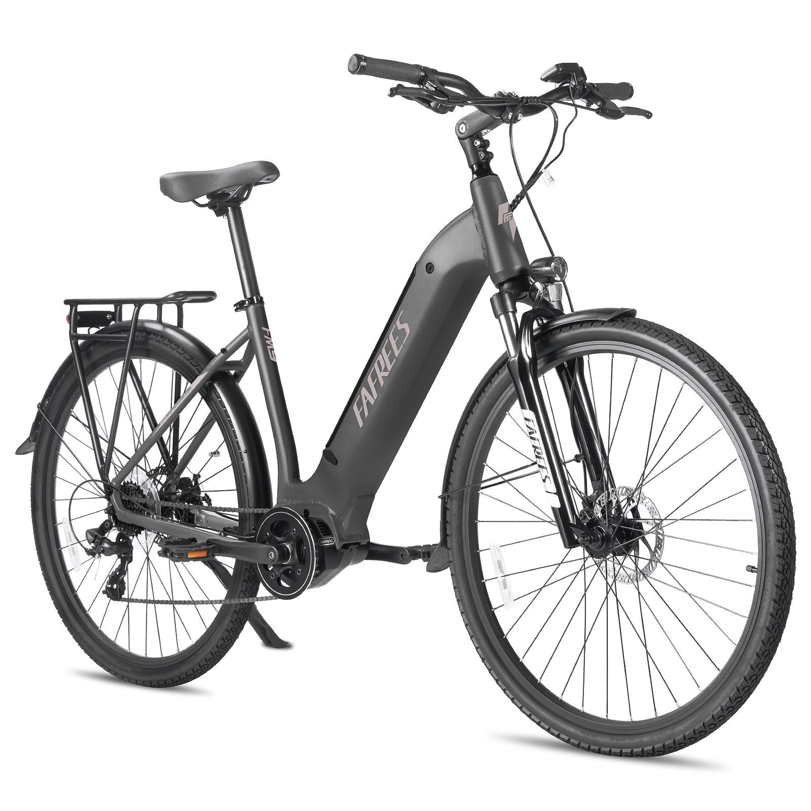 fafrees E-Bike FM9, Cityfahrrad aus Aluminium, mit LCD-Display, Ladezeit 6 Std., 7 Gang, (Packung, mit Akku-Schlüssel), 15 Ah Akku, Max. 25km/h, bis 150kg, hydraulische Federgabel, IP65 Grau