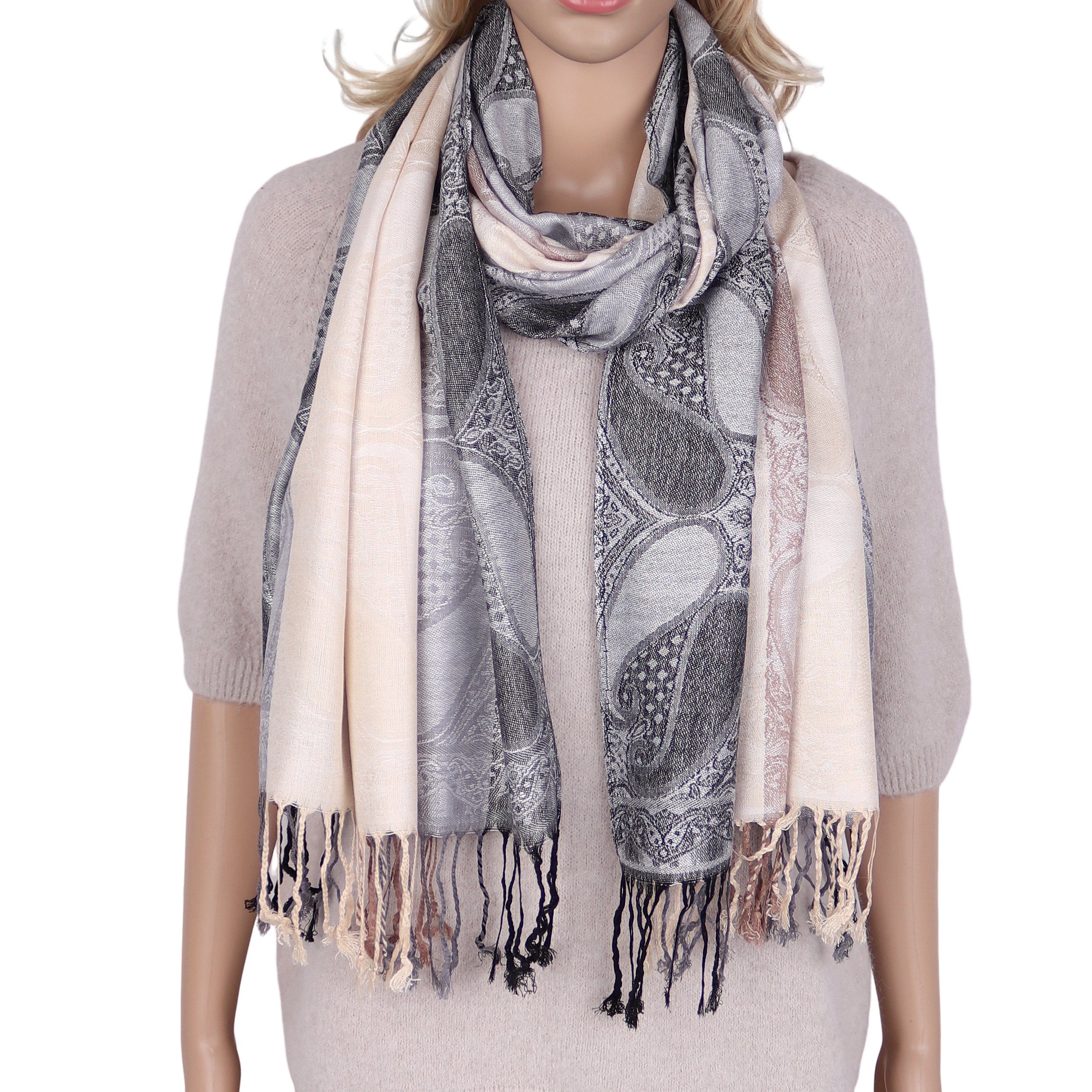 Modeschal weicher Schal BOHO Paisley mit Fransen, 70x180cm