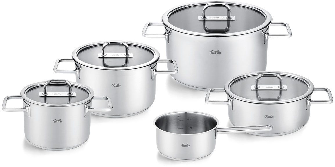 Fissler Topf-Set Viseo® Pro, Edelstahl 18/10 (Set, 9-tlg., 3 Kochtöpfe & 1 Bratentopf mit Deckel, 1 Stielkasserolle), 9-teiliges Edelstahl-Topfset mit Superthermic Boden
