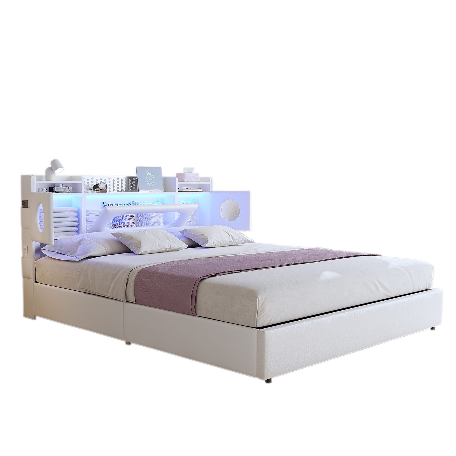 FUROKOY Stauraumbett Polsterbett Doppelbett mit LED-Beleuchtung (Aufklappbares Kopfteil mit Stauraum und Ladeanschluss), Hydraulikbett Funktionsbett, PU, Weiß, 140x200cm