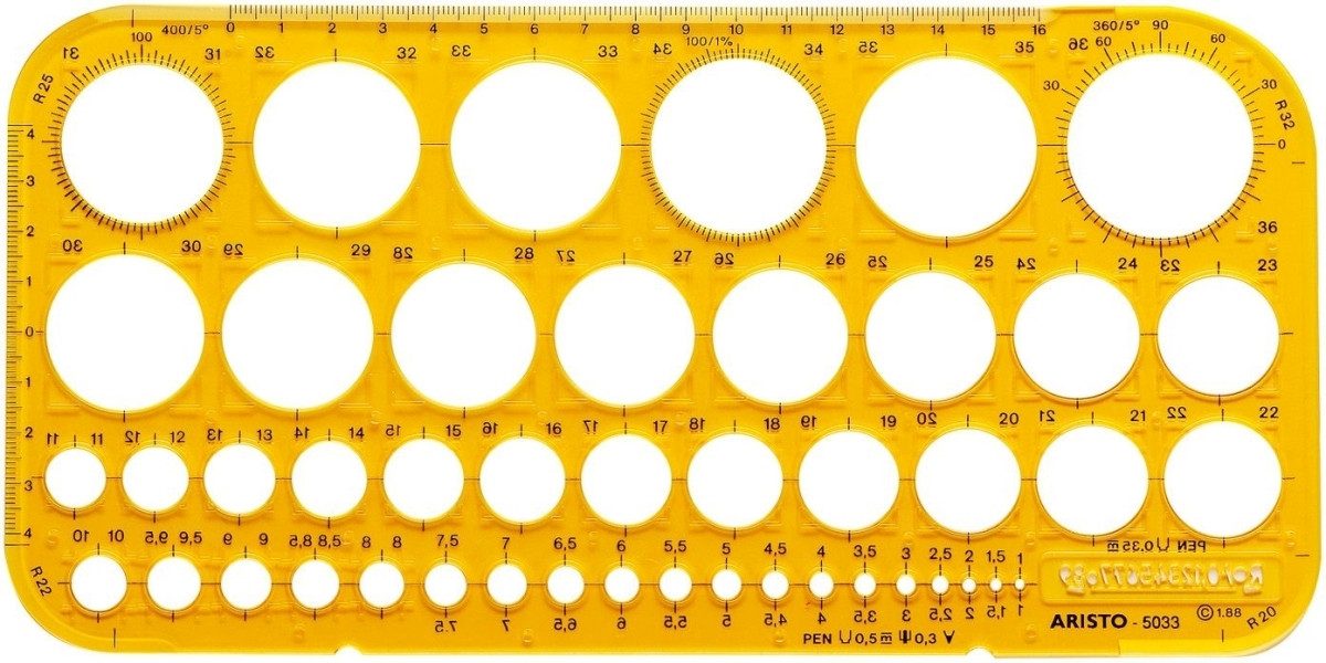 ARISTO Zeichenschablone Kreisschablone 45 Kreise + Symbole transparent gelb