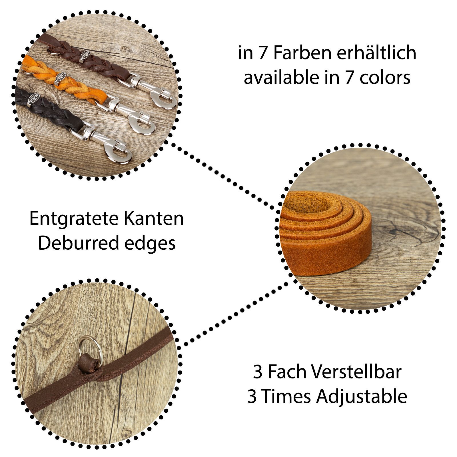 CopcoPet Hundeleine Fettlederleine Hundeleine geflochten dreifach verstellbar, Leder, Führerleine, zum umhängen, pflanzlich gegerbt, verschiedene größen