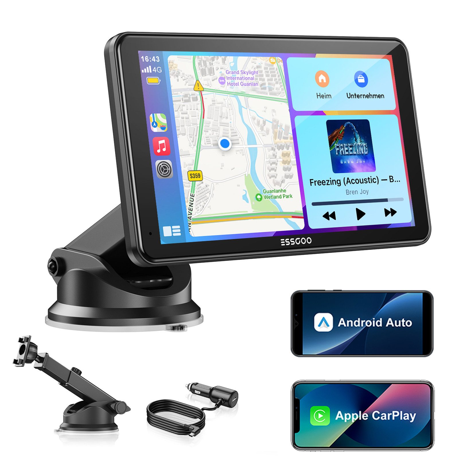 ESSGOO Kabelloses Apple Carplay & Android Auto, 7-Zoll CarPlay Display Navigationsgerät (Autoradio Bluetooth Sprachsteuerung)