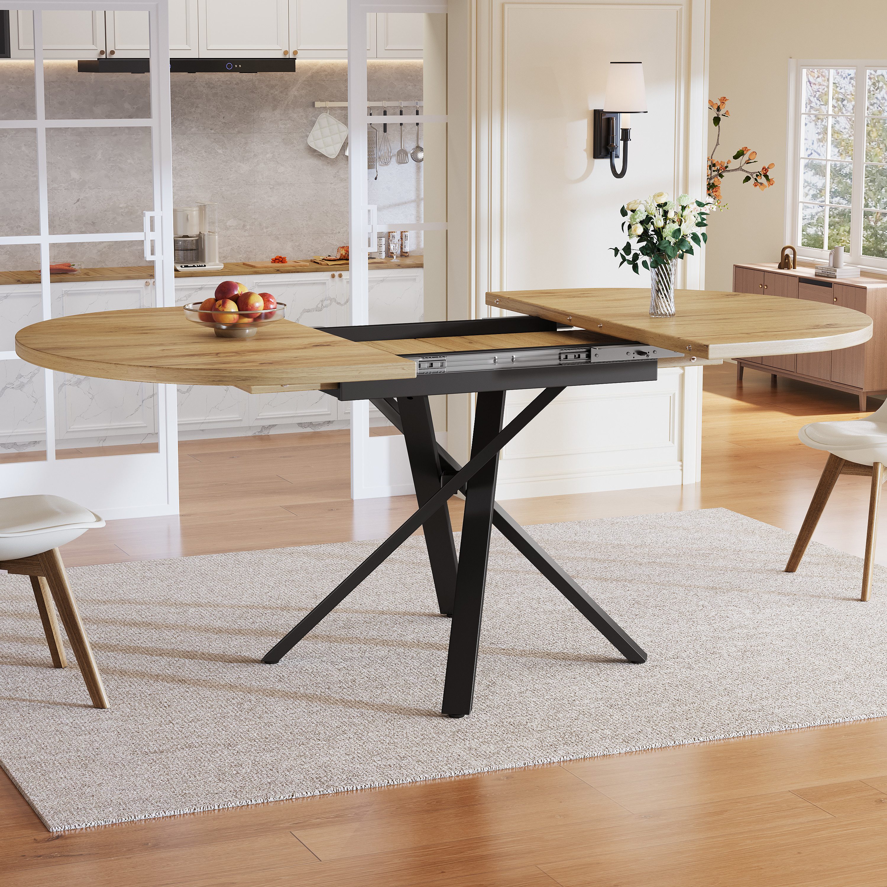 STILVORA Esstisch ausziehbar Rund-Oval Küchentisch mit Verstellbare Füße,in Holz-Optik (Esstisch, ausziehbar, rund-oval, Holzoptik, X-Metallgestell, 100–140 cm, Holzplatte, Metallrahmen, belastbar bis 60 kg), rund-oval wandelbar, Industriestil, verstellbare Füße