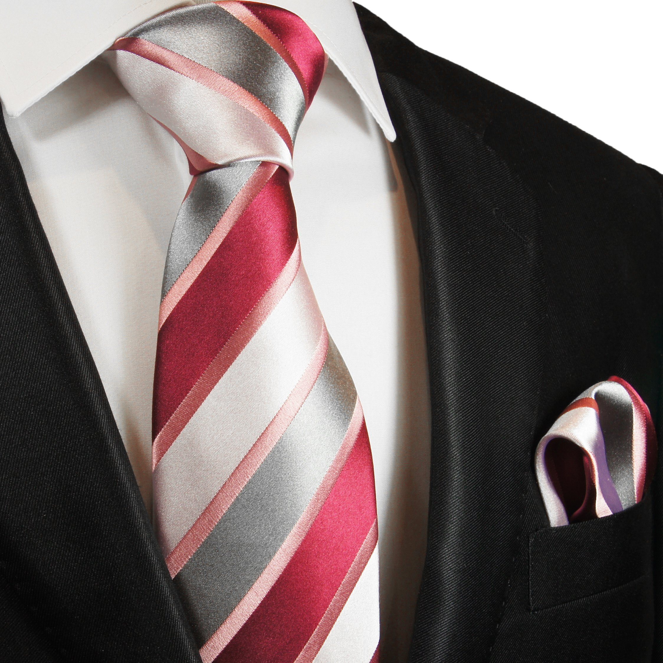 gestreift Malone rot Seide pink Krawatte Seidenkrawatte Breit 2046 (Set, (8cm), mit Einstecktuch) Tuch 100% Herren modern 2-St., mit Krawatte Paul silber