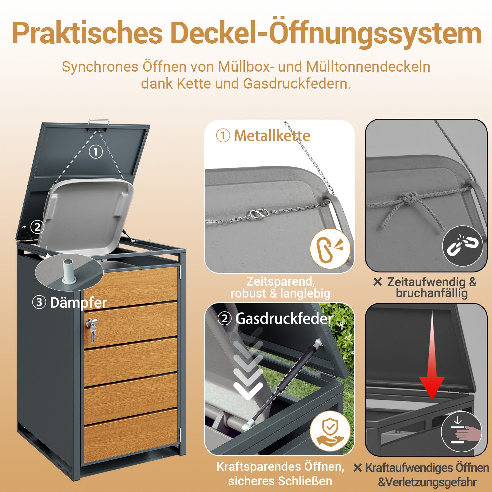 SoBuy Mülltonnenbox OGS63, Mülltonnenverkleidung 240l abschließbar, fahrbar (1er Set), Holzoptik-Front in Anthrazit, Gasdruckfedern und Sicherheitskette