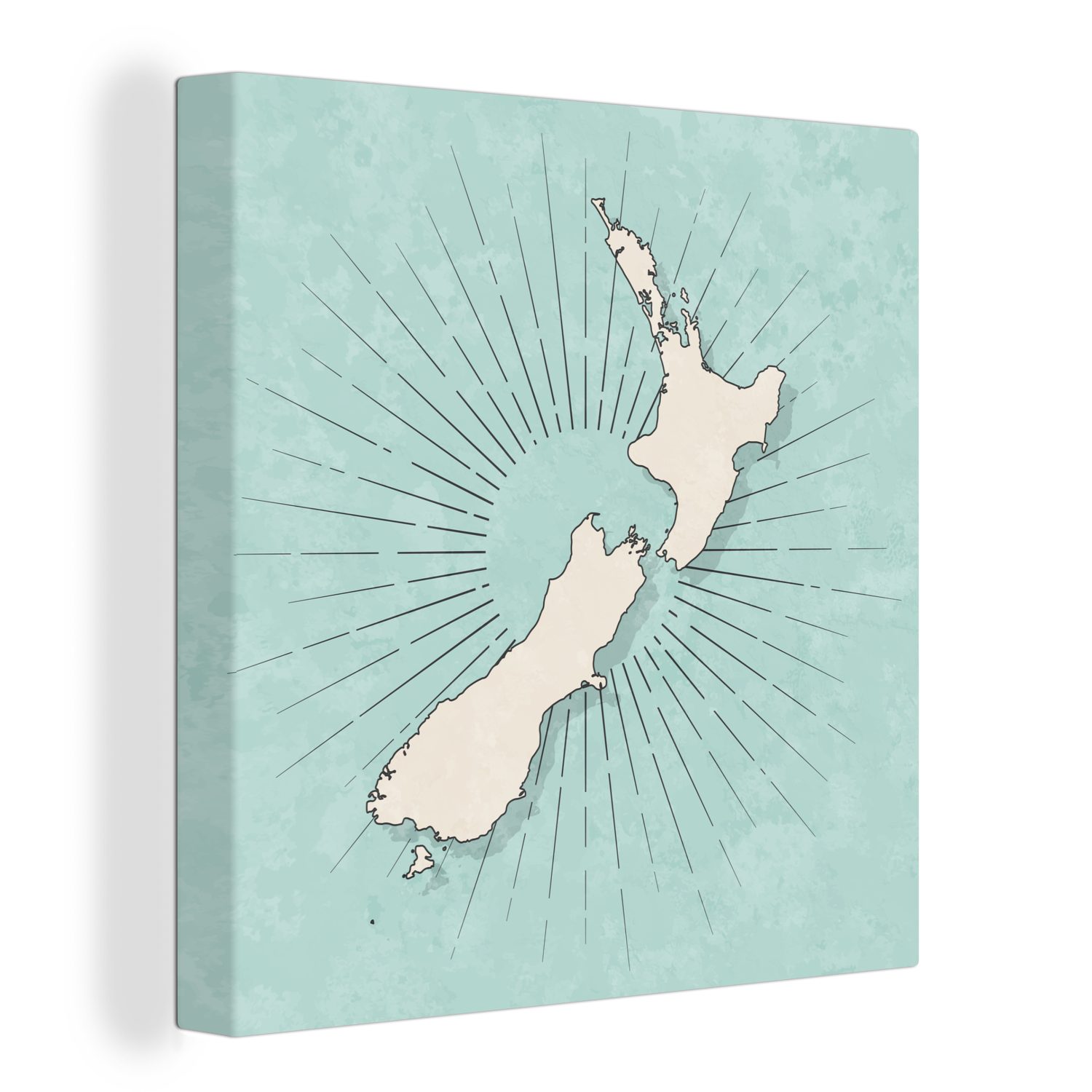 OneMillionCanvasses® Leinwandbild Eine Illustration einer weißen Karte von Neuseeland auf blau-grünem, (1 St), Leinwand Bilder für Wohnzimmer Schlafzimmer