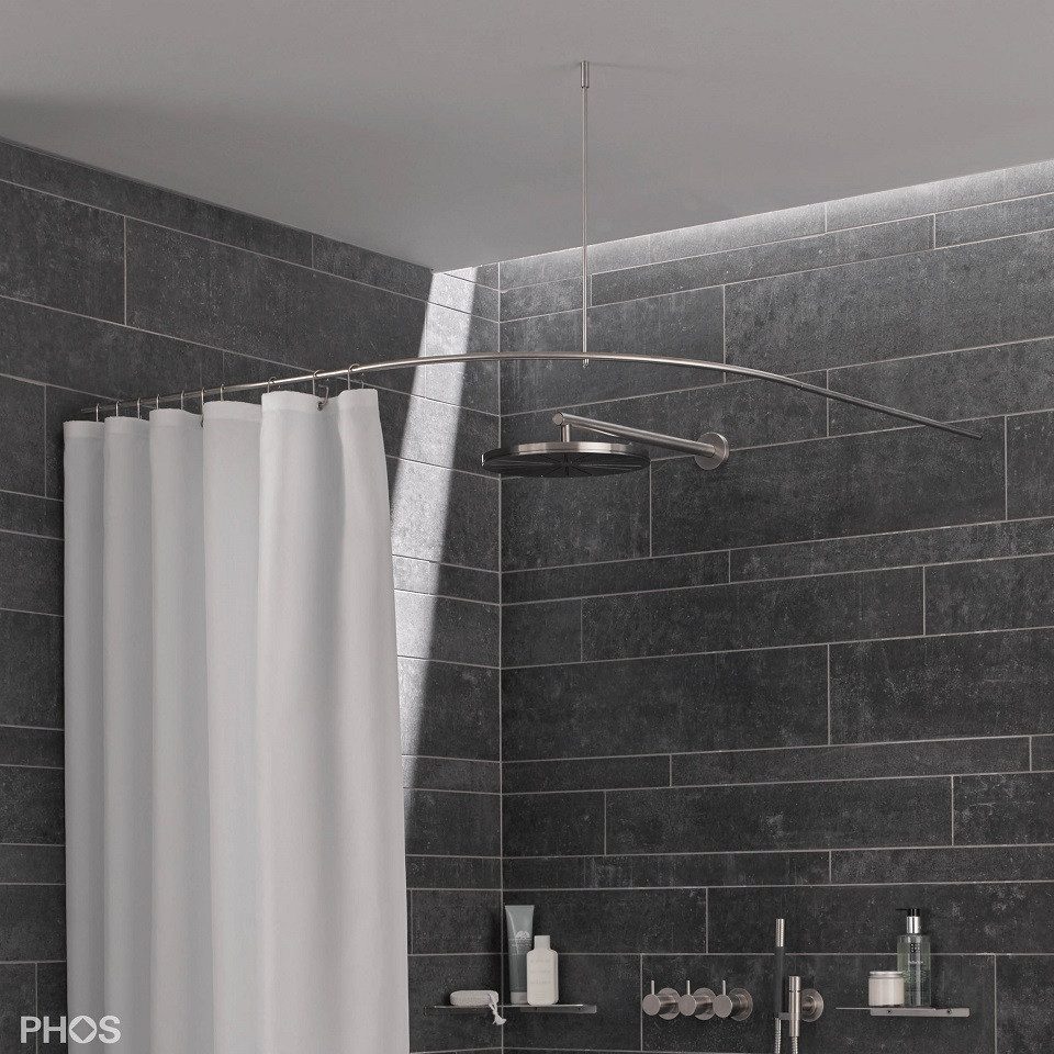 PHOS Design Duschvorhangstange Viertelkreis aus Edelstahl mit 30 cm Radius, verschraubte Wandmontage, 75 x 75 cm - 100% Made in Germany