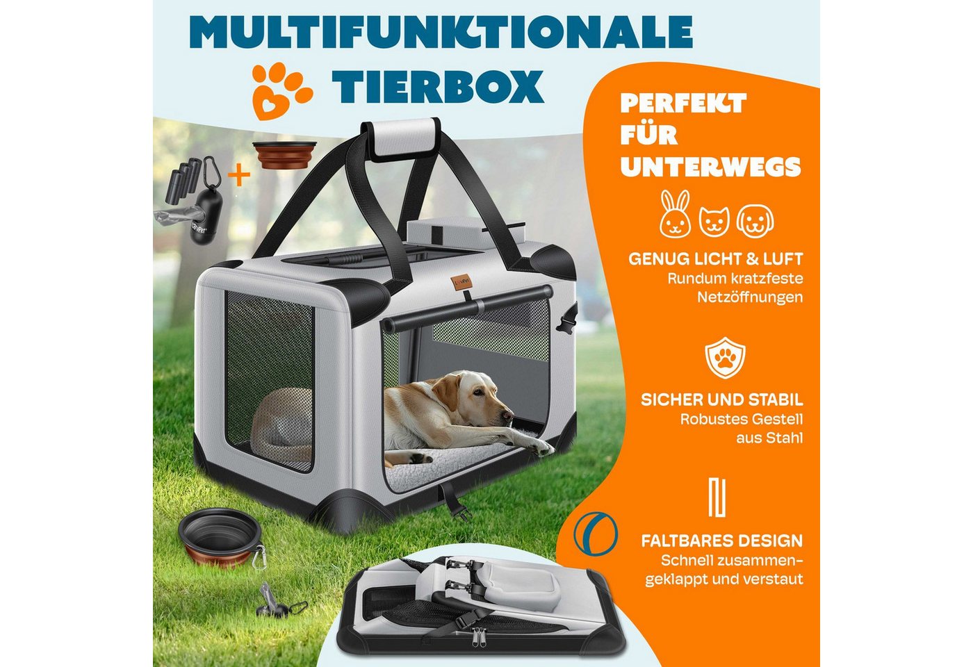 Thumbnail - Lovpet Tiertransportbox bis 7 kg, Hundebox Hundetransportbox faltbar Inkl.Hundenapf Transport