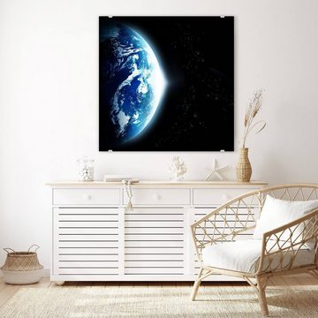 Primedeco Glasbild Wandbild Quadratisch Erde mit aufgehender Sonne mit Aufhängung, Weltall
