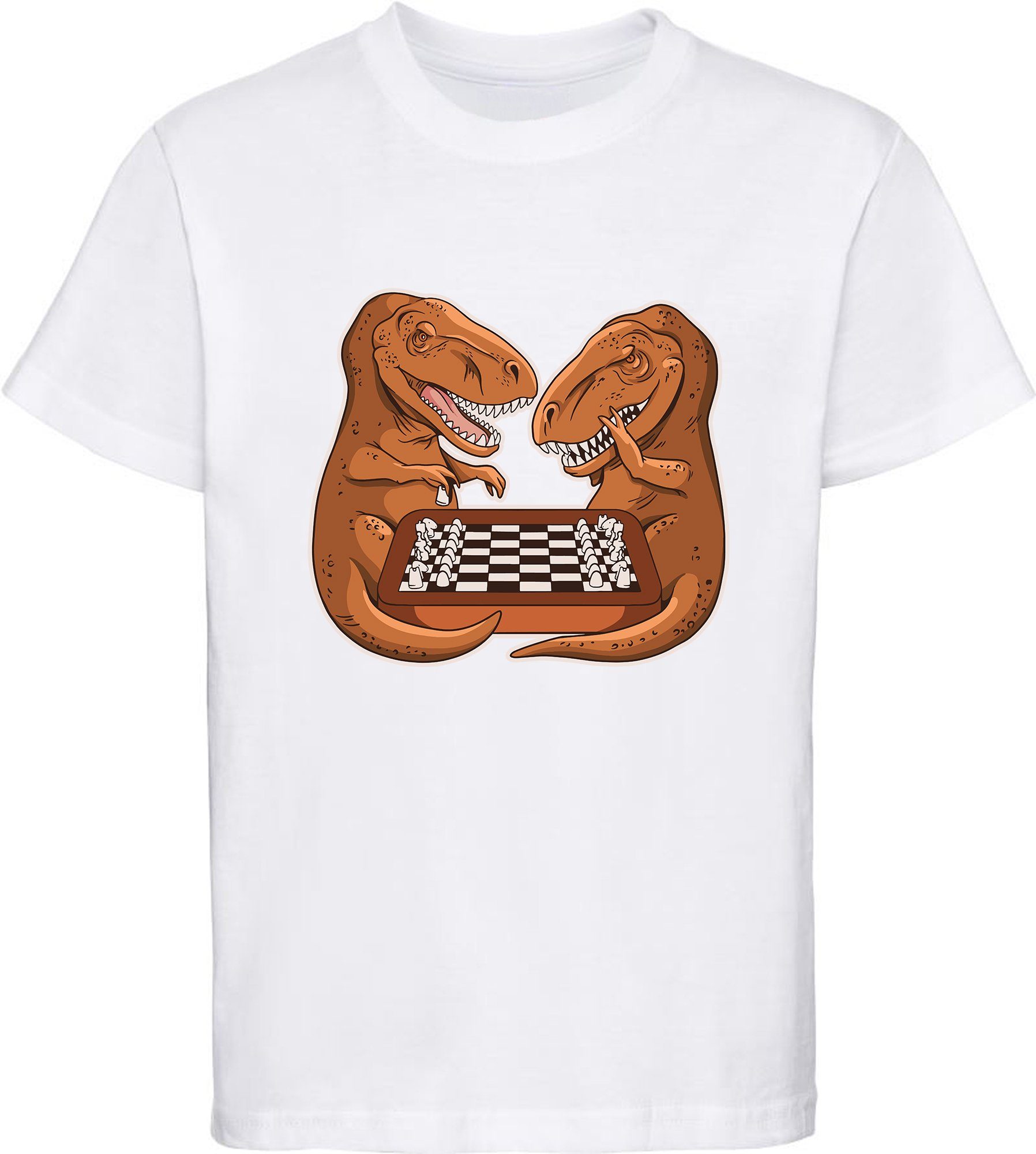 MyDesign24 Print-Shirt bedrucktes Kinder T-Shirt mit T-Rex beim Schach Baumwollshirt mit Dino, schwarz, weiß, rot, blau, i67 weiss