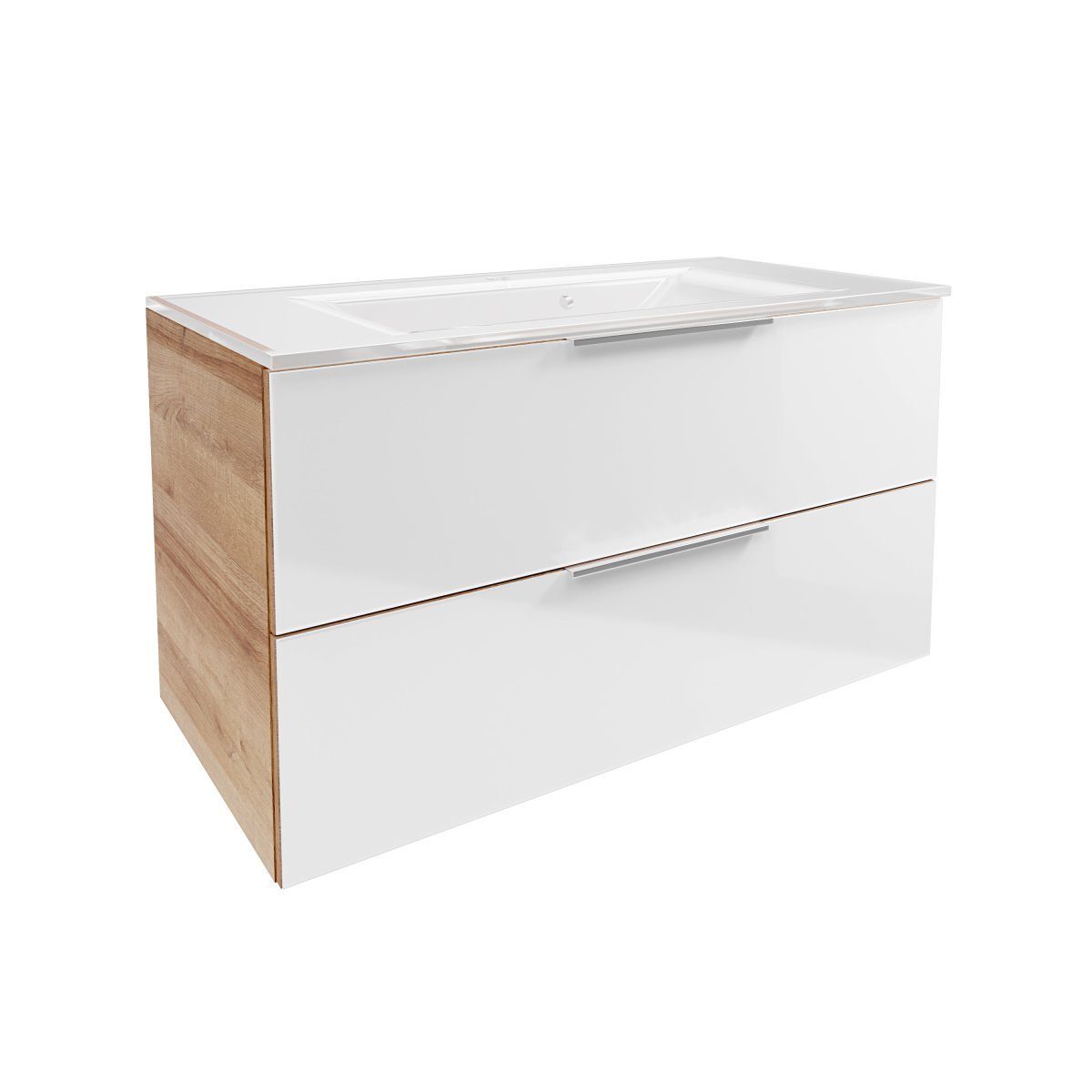 FACKELMANN Waschbeckenunterschrank B.brillant Waschplatz Badmöbelset 100cm - Ast Eiche - Glas Weiß -