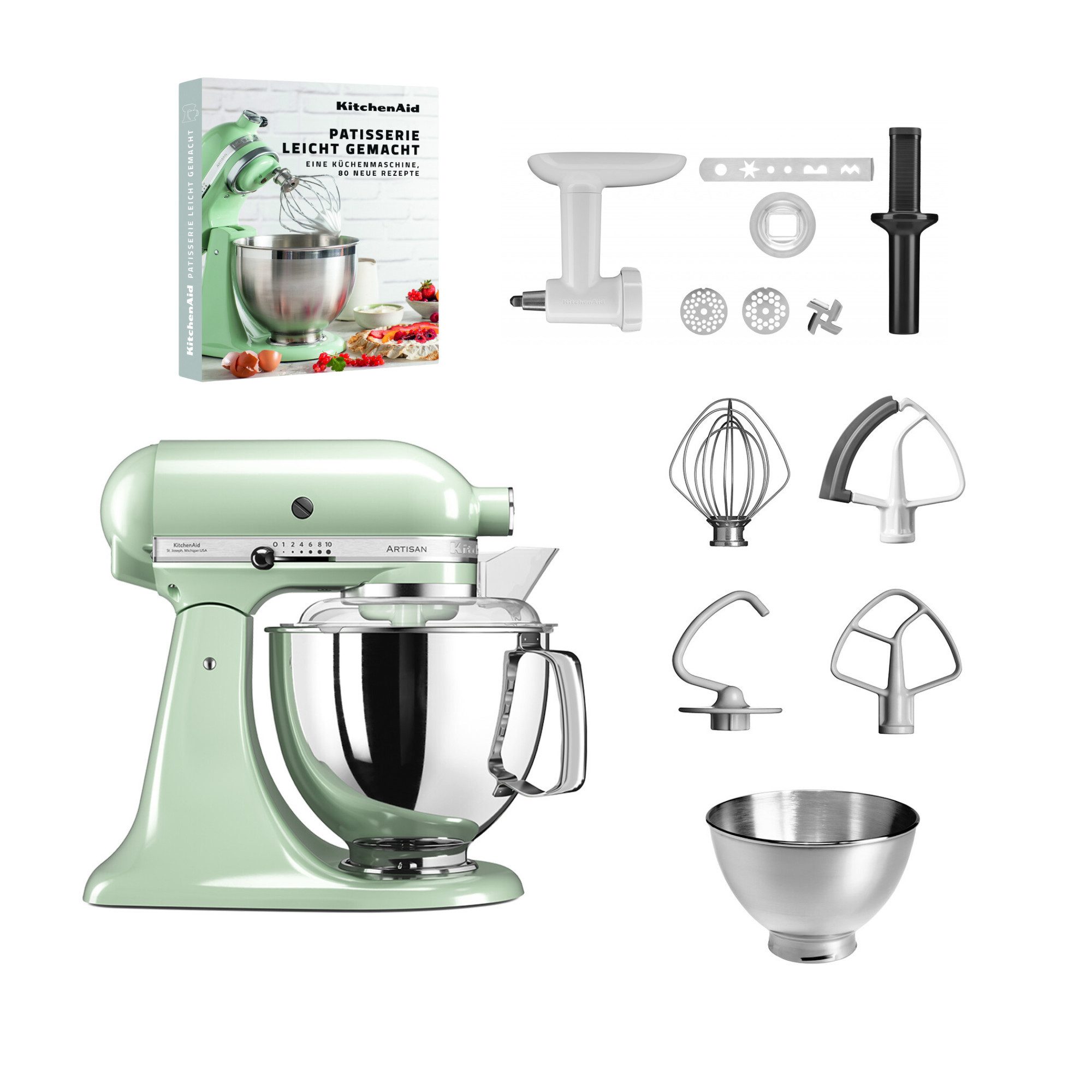 KitchenAid Küchenmaschine KitchenAid 4,8l 5KSM175 Artisan Fleischwolf, Spritzgebäckvorsatz, Buch