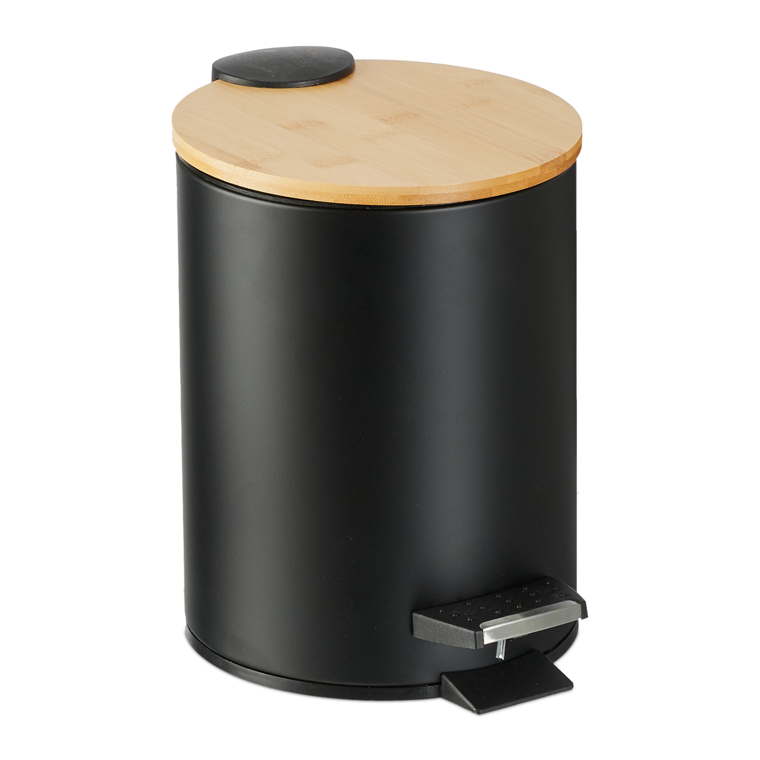 relaxdays Mülleimer Bad Mülleimer 3 l mit Bambusdeckel, schwarz
