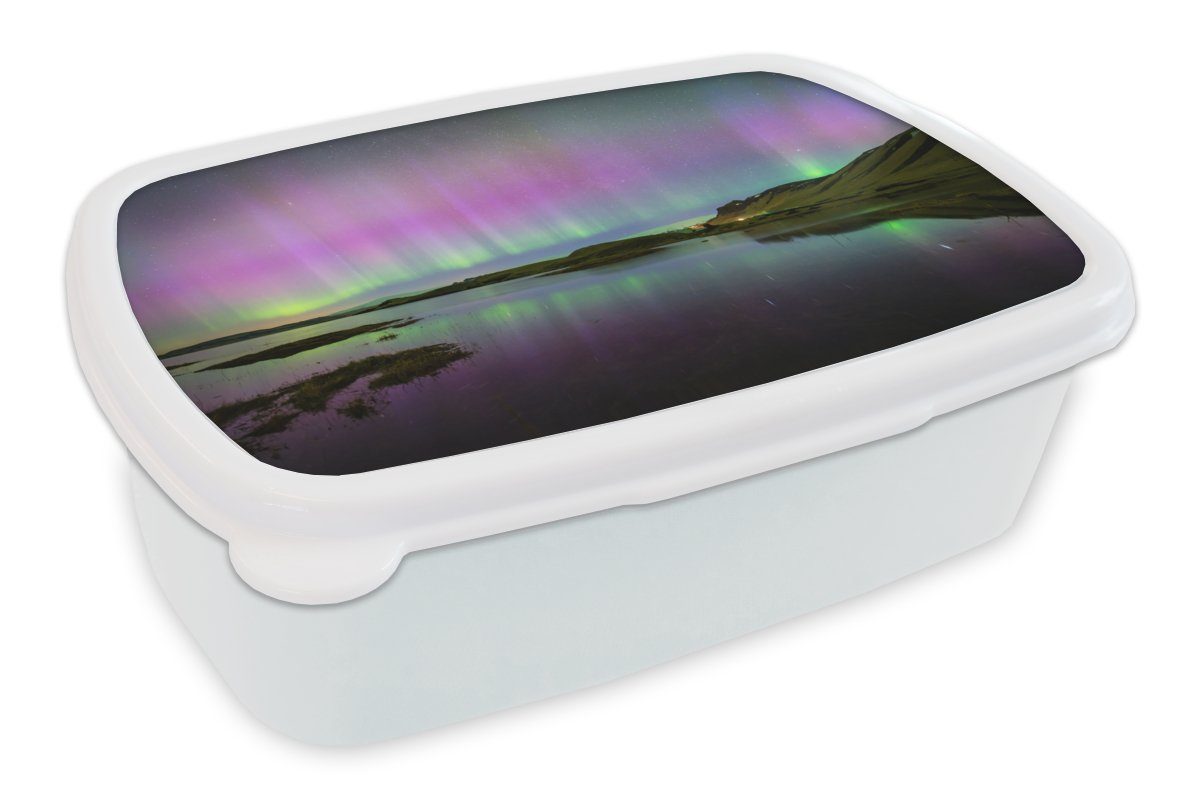 MuchoWow Lunchbox (2-tlg), - für Brotbox und Violett, Brotdose, Island und Kinder - weiß Jungs Nordlichter Kunststoff, Erwachsene, Mädchen für