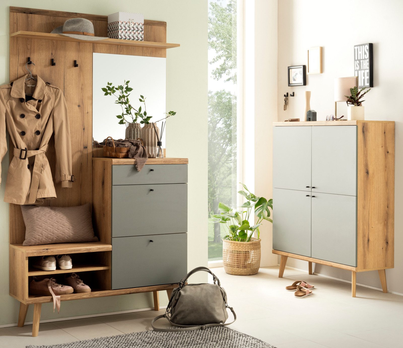 Furn.Design Garderoben-Set Juna, (Kompaktgarderobe und Highboard, 2-St., Evoke Eiche mit Salbei grün), mit viel Stauraum