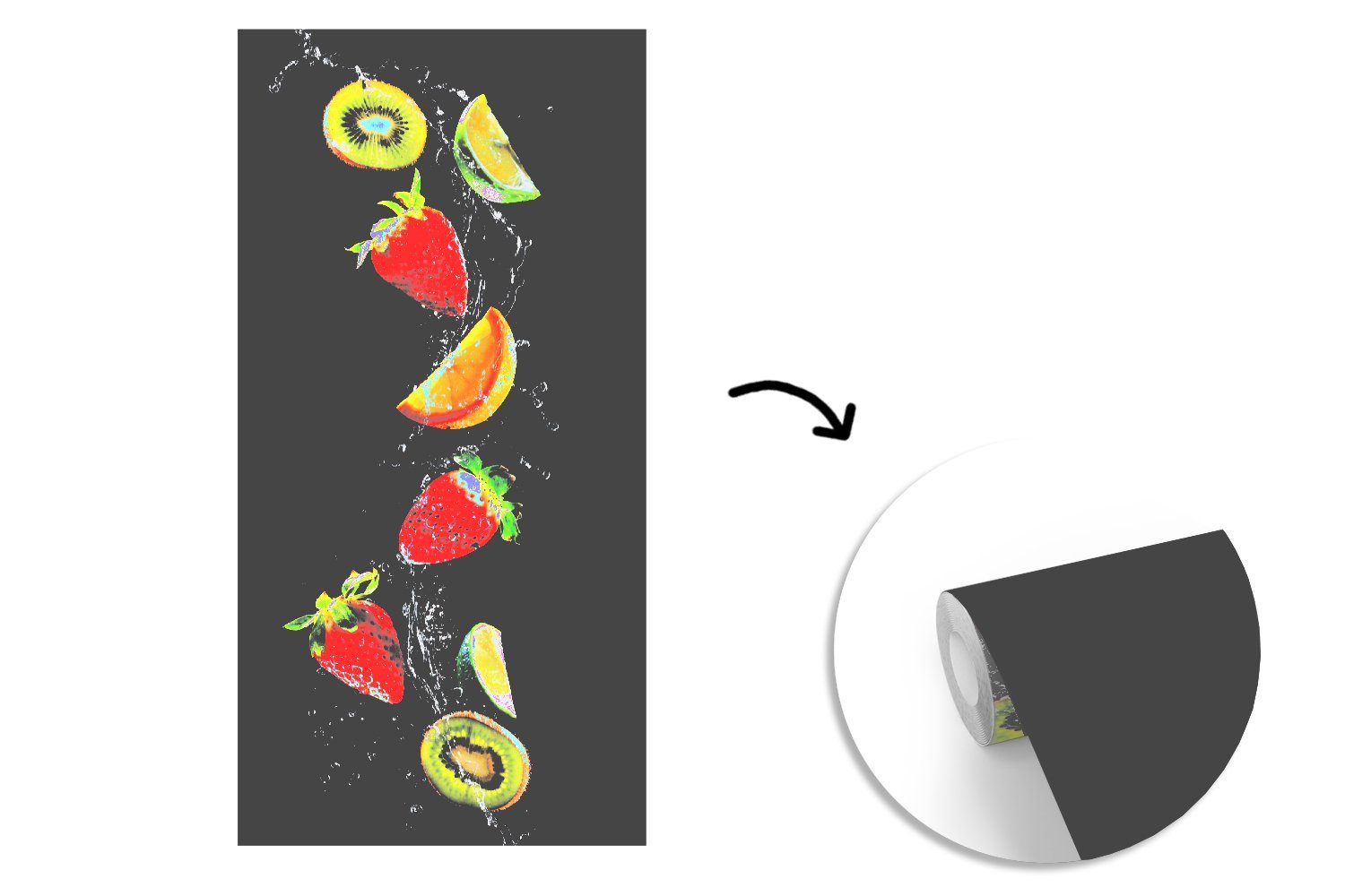 MuchoWow Fototapete Obst - (2 Matt, Fototapete für Schwarz Küche, - Vliestapete - Wohnzimmer - Wasser Schlafzimmer Kiwi, Stillleben bedruckt, Erdbeere St)