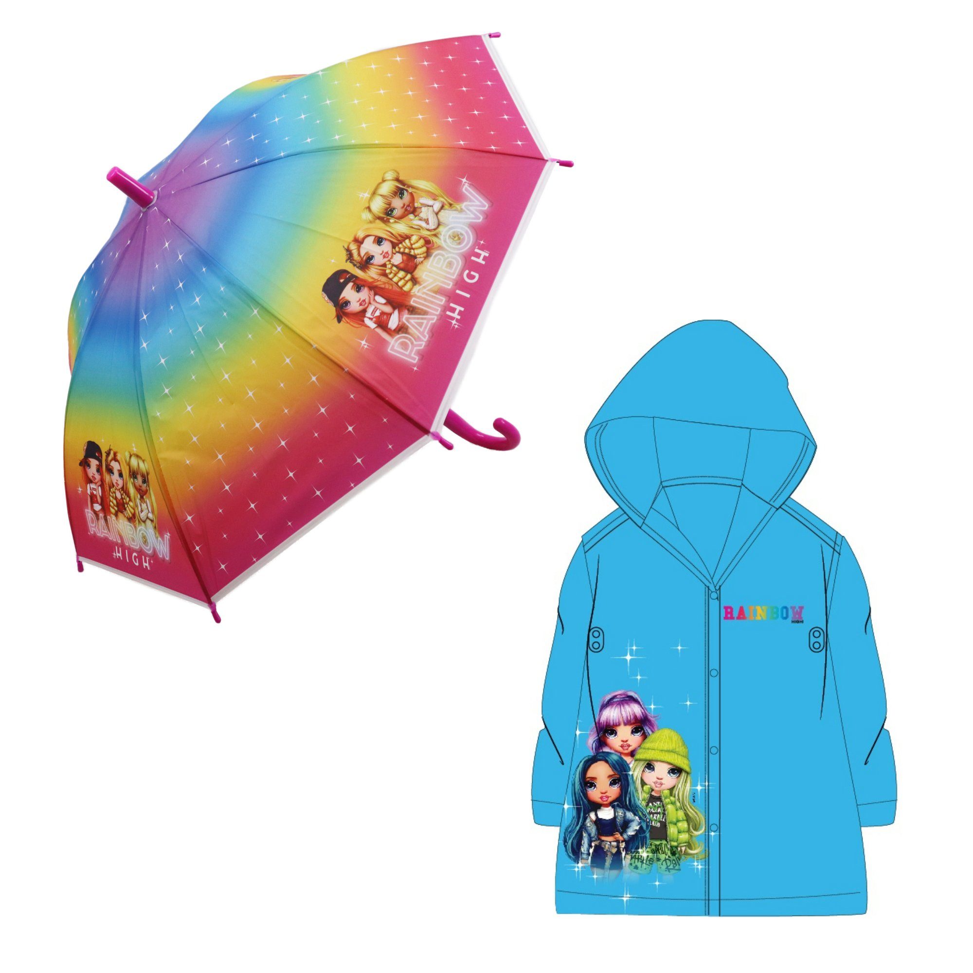 Regenponcho Rainbow High Girls Kinder Regenschirm plus Regenponcho