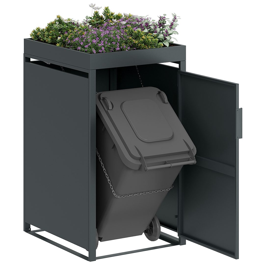 STEELSØN Mülltonnenbox Thoria mit Pflanzendach (Anthrazit, 120 L, verfügbar mit 1, 2, 3, 4, oder 5 Türen), Mülltonnenverkleidung aus Stahl für 1 Tonne