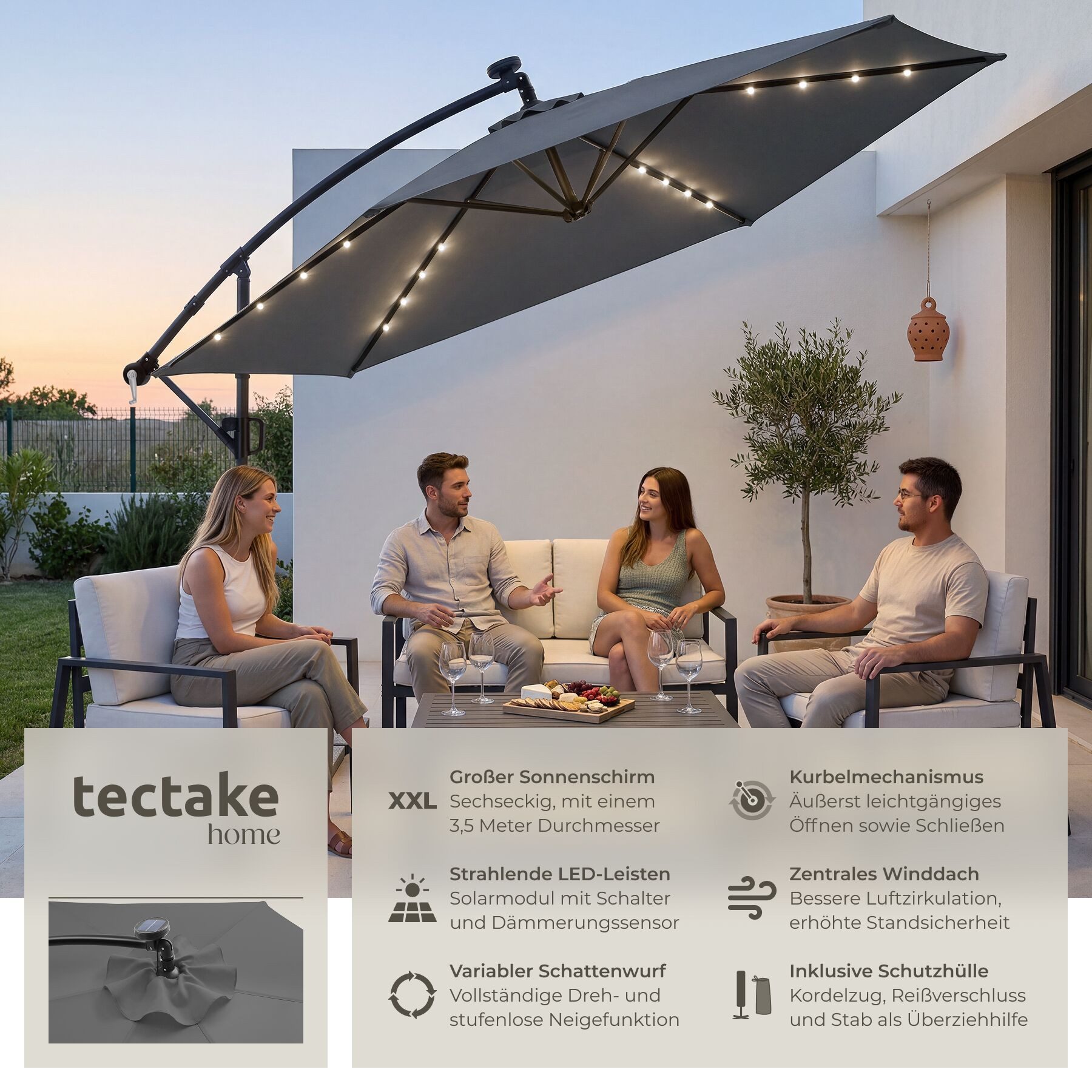 tectake Ampelschirm Sonnenschirm mit Doppeldach und LED Solar-Beleuchtung, 3,5 x 3,5 m, Balkonschirm Artemis, für Außen in Grau, 360° drehbar, wasserabweisend, neigbar, Kurbel, inkl. Schutzhülle