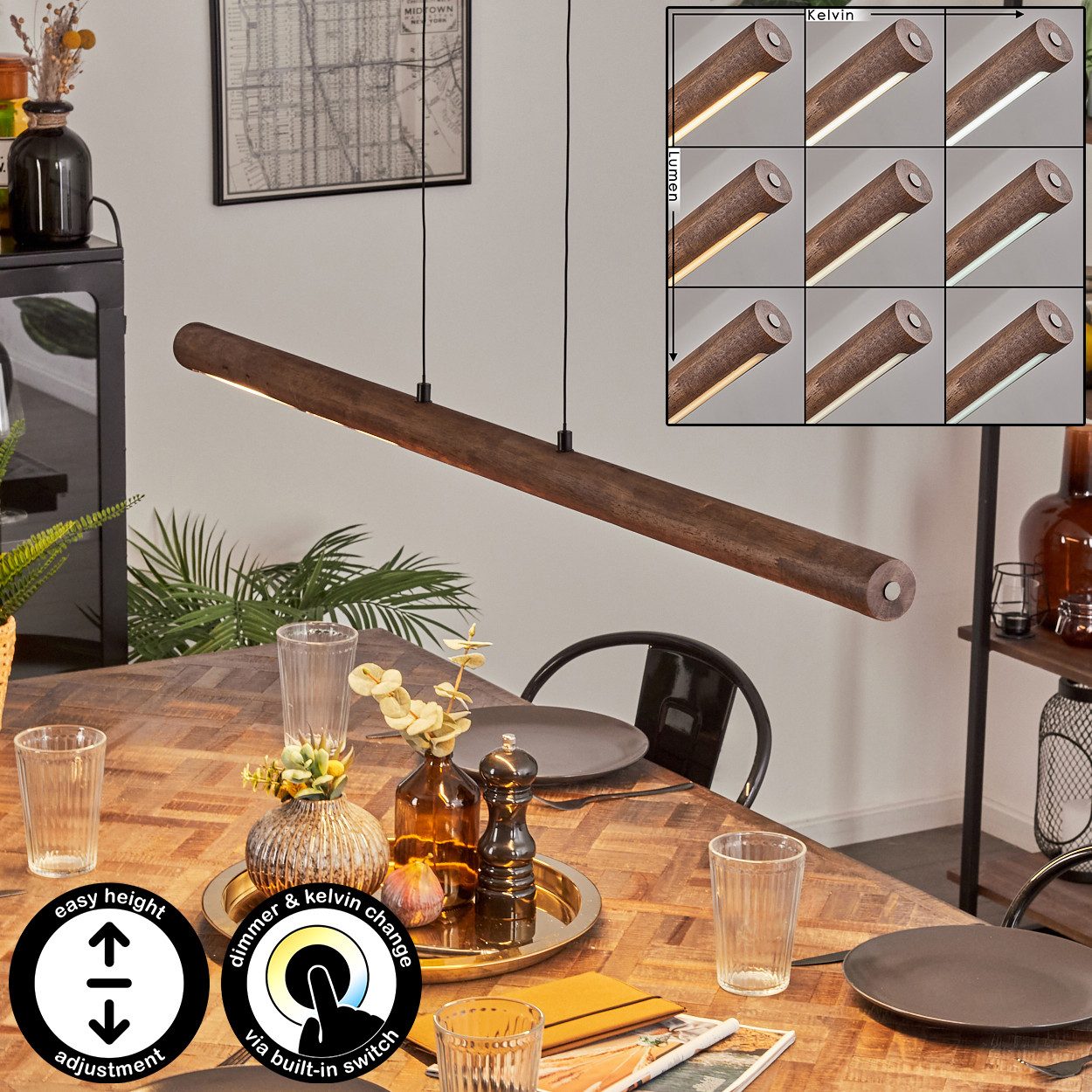 hofstein Pendelleuchte dimmbare Hängelampe aus Metall/Holz/Kunststoff in Schwarz/Dunkelbraun, LED wechselbar, 3000-6000 Kelvin, skandinavisches Design, Touchdimmer, LED 24 Watt, 2550 Lumen