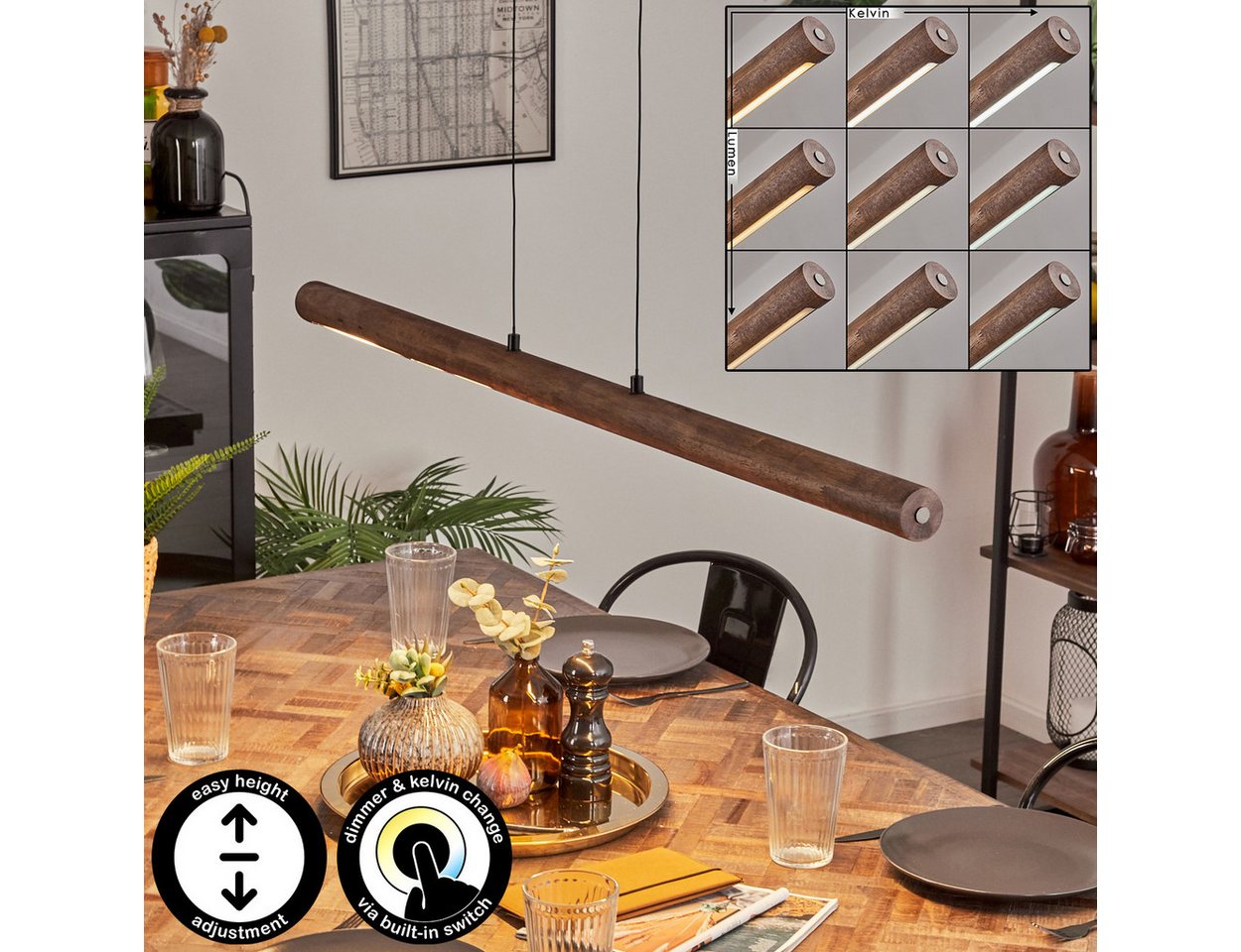 hofstein Pendelleuchte dimmbare Hängelampe aus Metall/Holz/Kunststoff in Schwarz/Dunkelbraun, LED wechselbar, 3000-6000 Kelvin, skandinavisches Design, Touchdimmer, LED 24 Watt, 2550 Lumen
