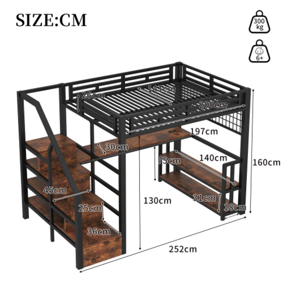 Ulife Hochbett 140 x 200 cm, Eisenrahmen, Lagerregal, Hängendes Gitter (3-St) LED-Lichtleiste, Schreibtisch, Treppenkonstruktionen mit Stauraum