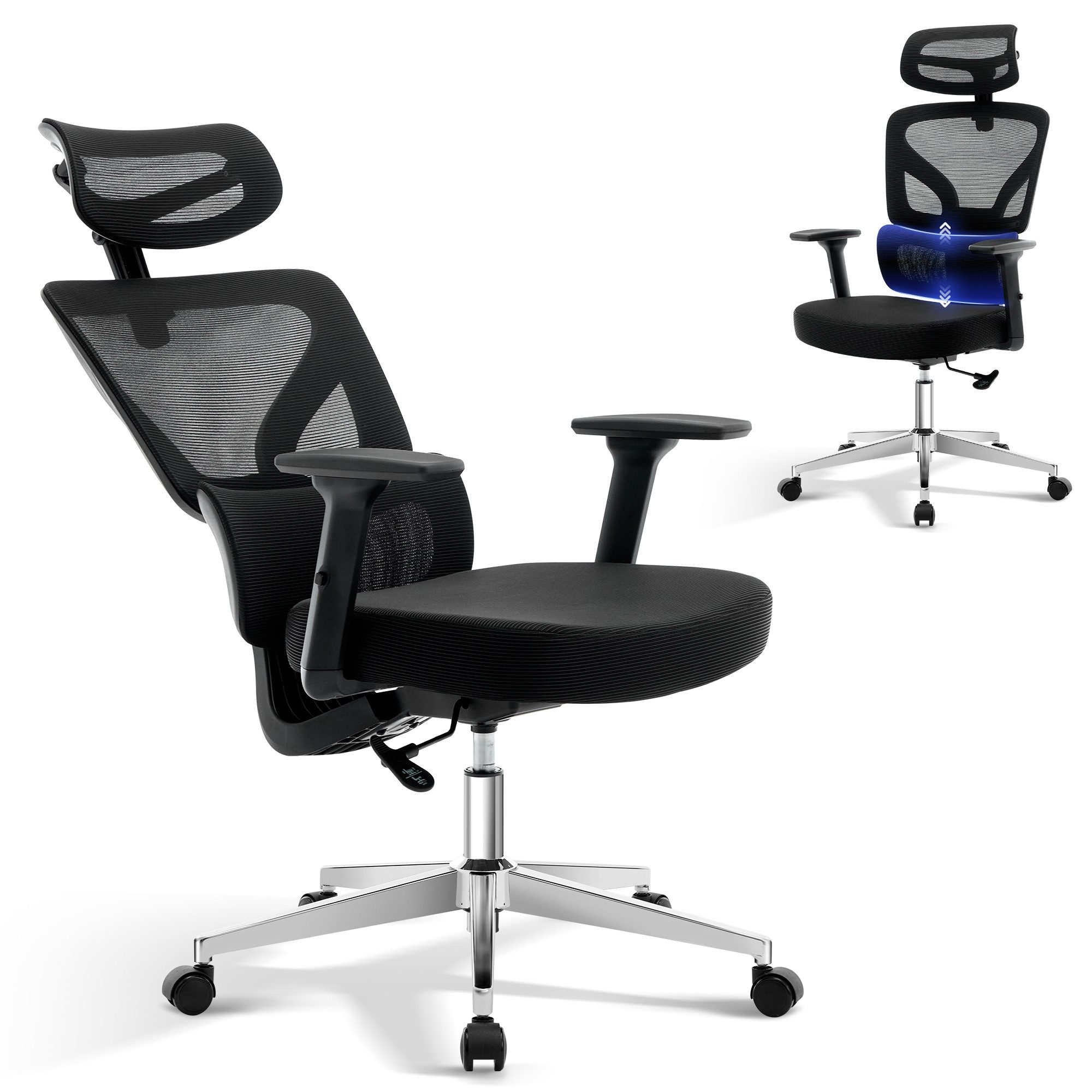 GarveeMore Bürostuhl mit Schaumstoffpolster, ergonomisch, 3D-Kopfstütze & Armlehnen, 3-fach verstellbare Lordosenstütze, 135° Neigung, höhenverstellbar