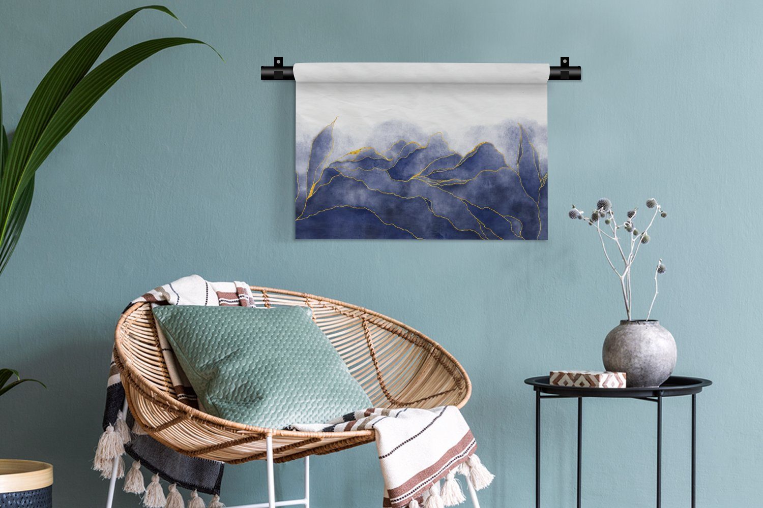 Wanddekoobjekt MuchoWow Wohnzimmer, Schlafzimmer, Marmoroptik Textur, - für - Wandbehang, - - Wanddeko Gold Marmor Kleid, Kinderzimmer Blau