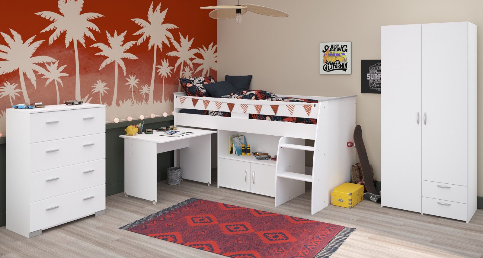 Parisot Jugendzimmer-Set Releave, (Kinderzimmer in weiß mit Hochbett, Schreibtisch, Kommode und Kleiderschrank), kein Lattenrost erforderlich