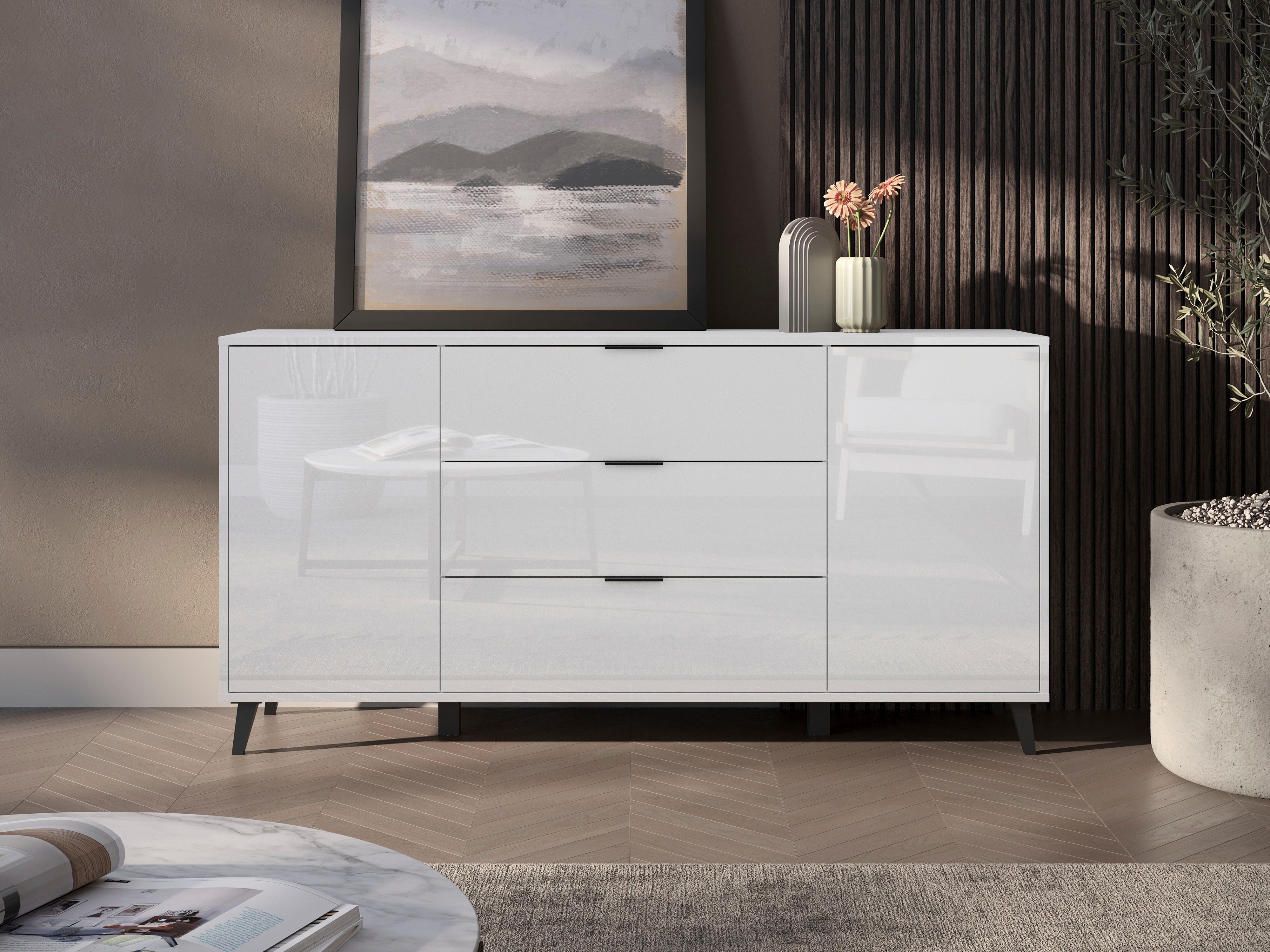 OTTO home Sideboard Oslo, B/H/T: 150/76/39,5 cm, 3 Schubladen, 2 Türen mit Push-to-open, schwarze Metallgriffe