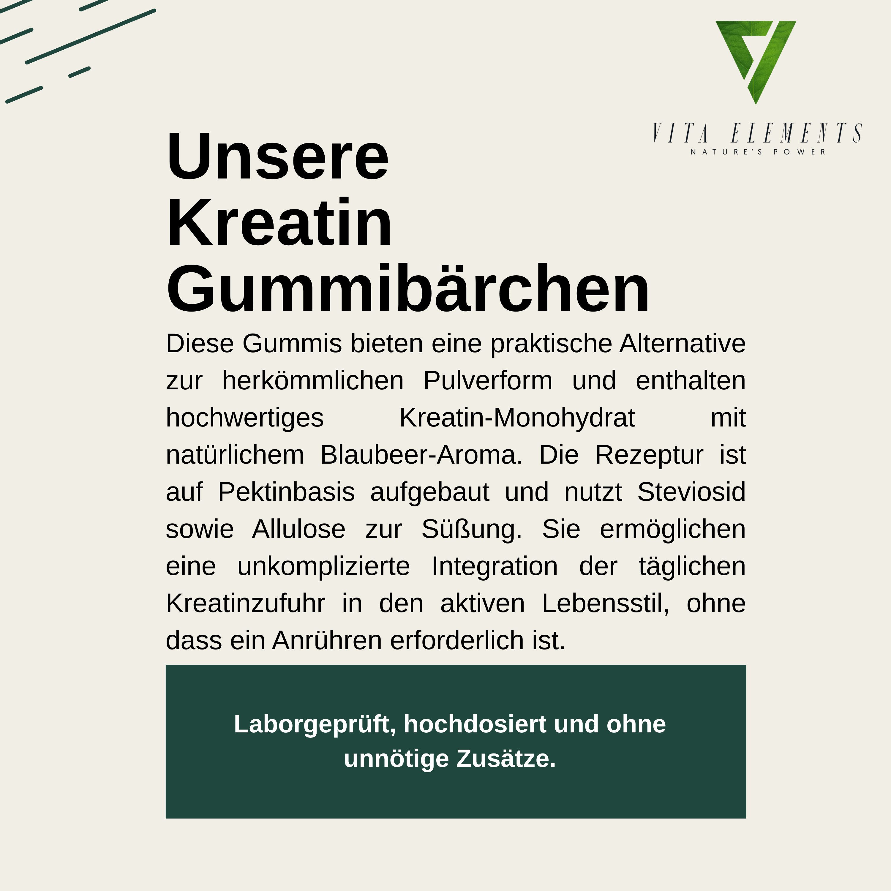 Vita Elements Kreatin Monohydrat Gummibärchen, 60 St., Glutenfrei Ohne Gentechnik Laborgeprüft in Deutschland Gummies