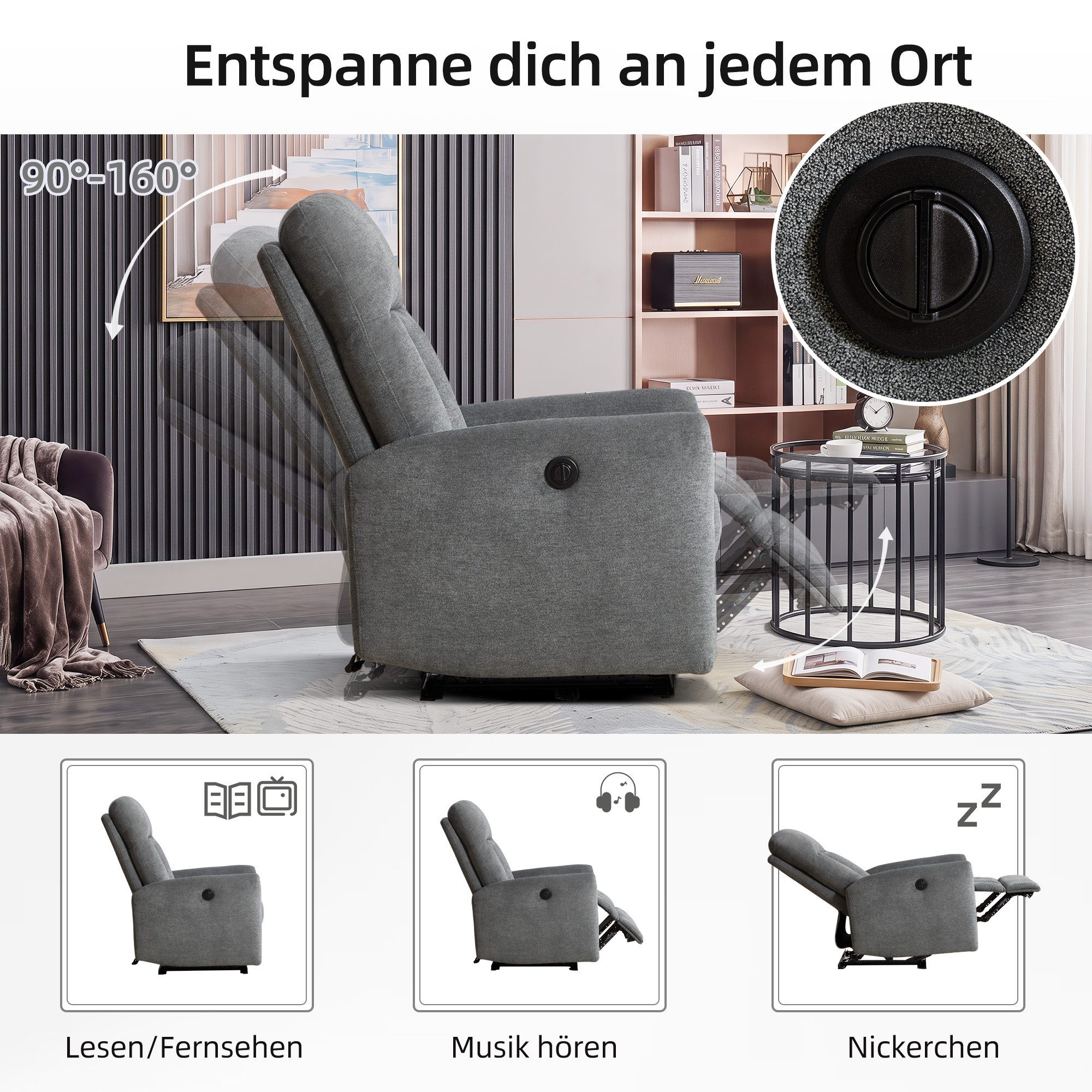 CANMOV TV-Sessel Elektrischer Relaxsessel, mit verstellbare Rückenlehne und Fußstütze, Fernsehsessel mit Liegefunktion, 110*74*95cm