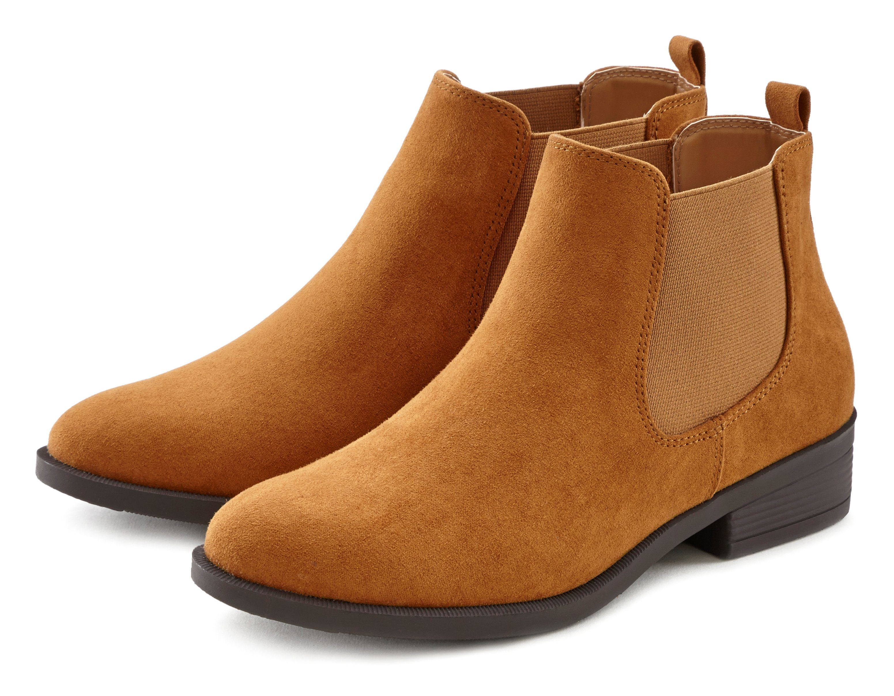 LASCANA Chelseaboots bequem zum Reinschlüpfen, Stiefelette, Ankle Boots VEGAN camelfarben