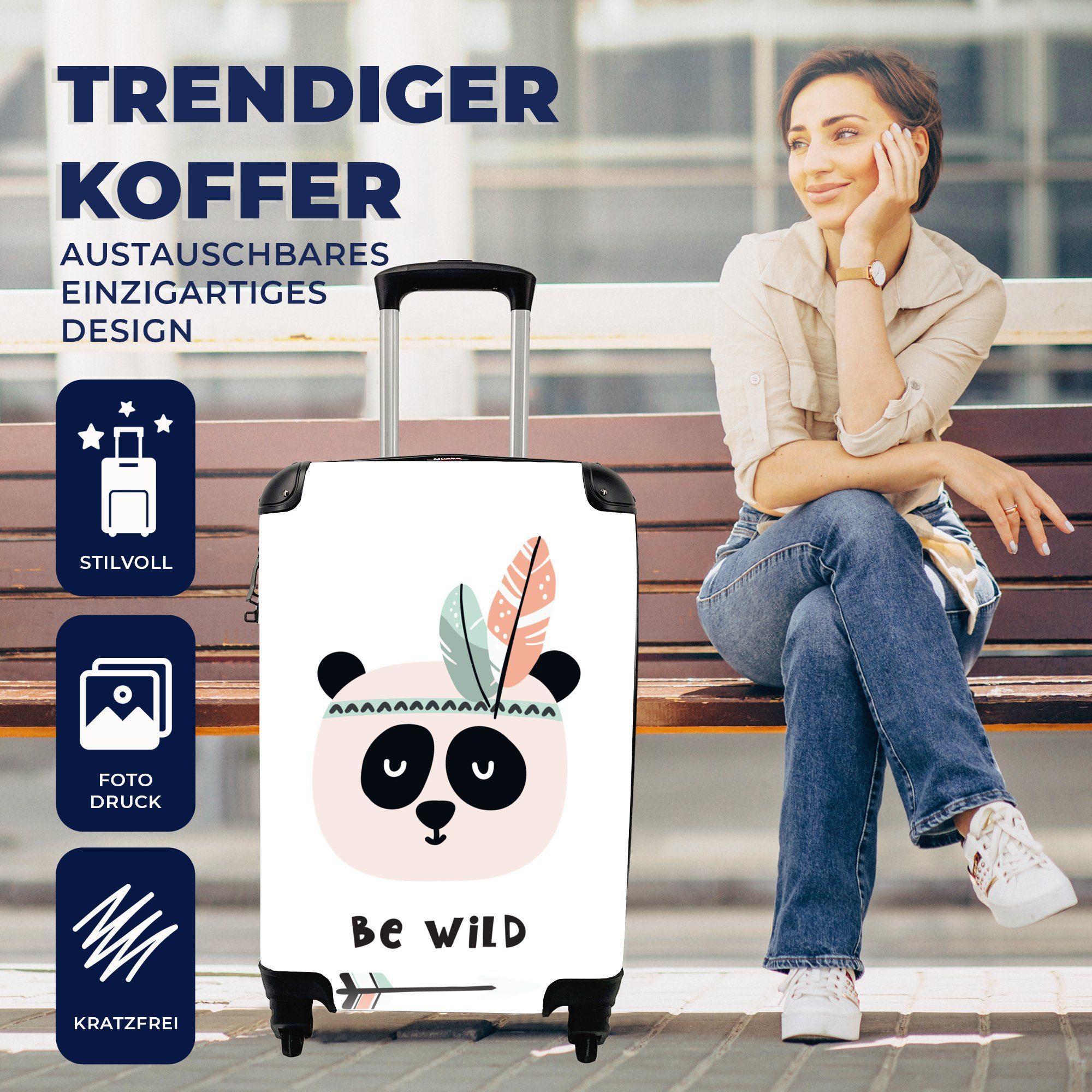 Reisekoffer mit rollen, Trolley, Zitate - - - für Handgepäckkoffer sein Pfeil 4 Reisetasche - Handgepäck Panda Kinder, Rollen, Ferien, MuchoWow Wild